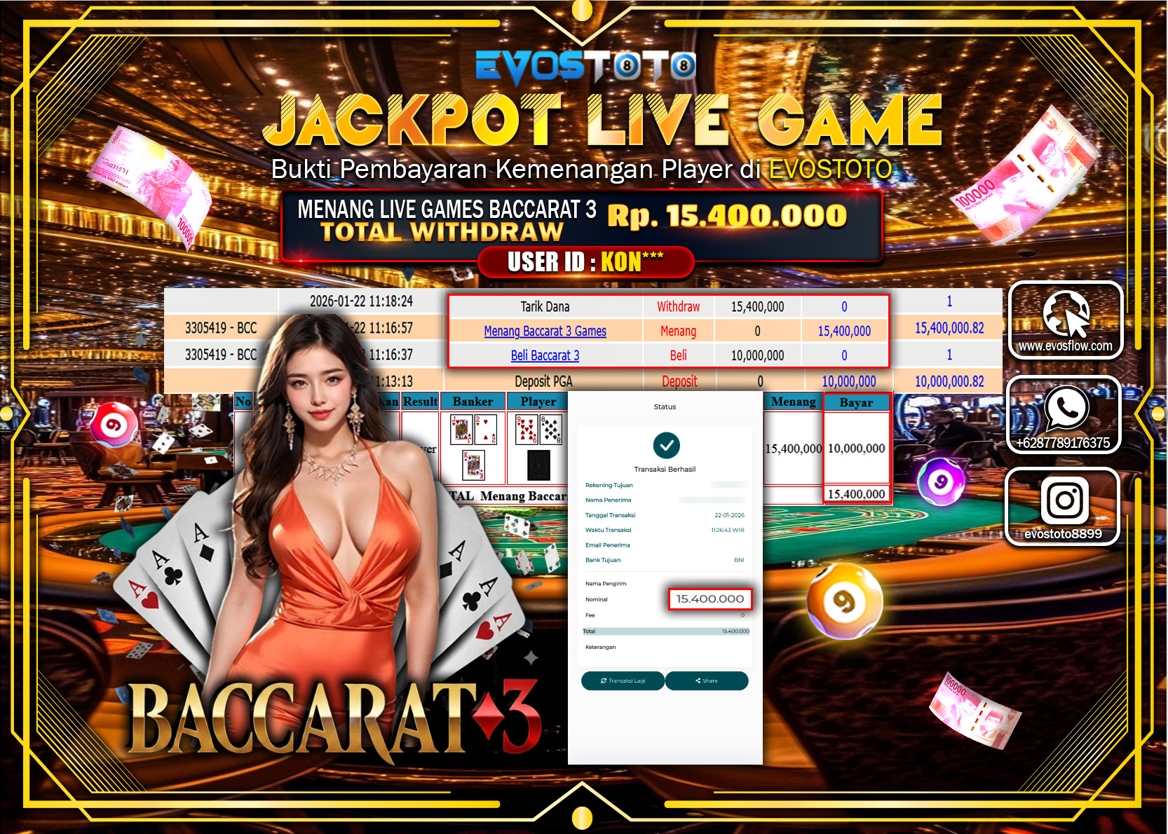 PEMBAYARAN JACKPOT LIVE BACCARAT 3 GAMES Rp.15.400.000 DI BAYAR LANGSUNG !