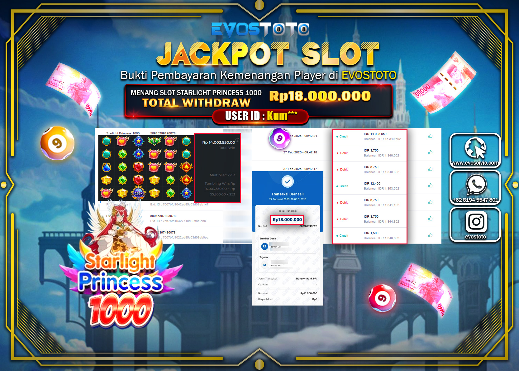 PEMBAYARAN JACKPOT SLOT STARLIGHT PRINCES 1000 RP.18.000.000 DI BAYAR LANGSUNG !