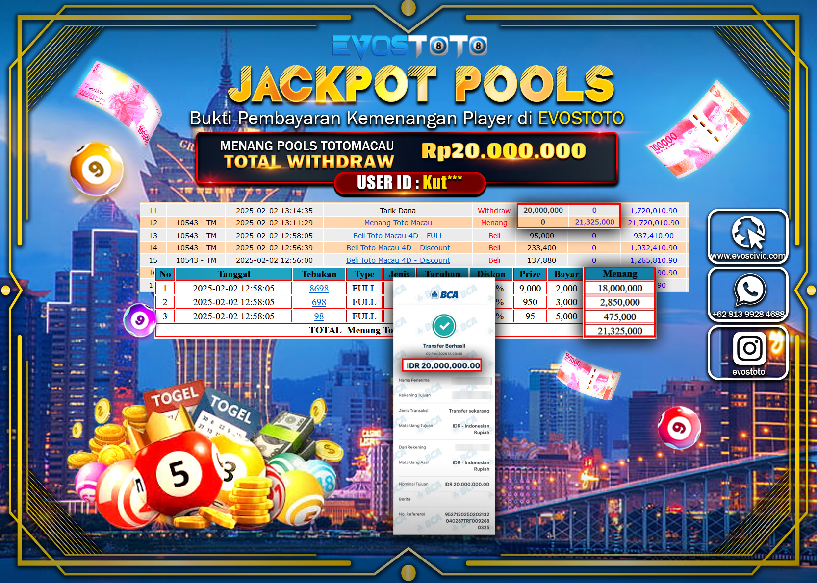 PEMBAYARAN JACKPOT POOLS TOTO MACAU Rp.20.000.000 DI BAYAR LANGSUNG !