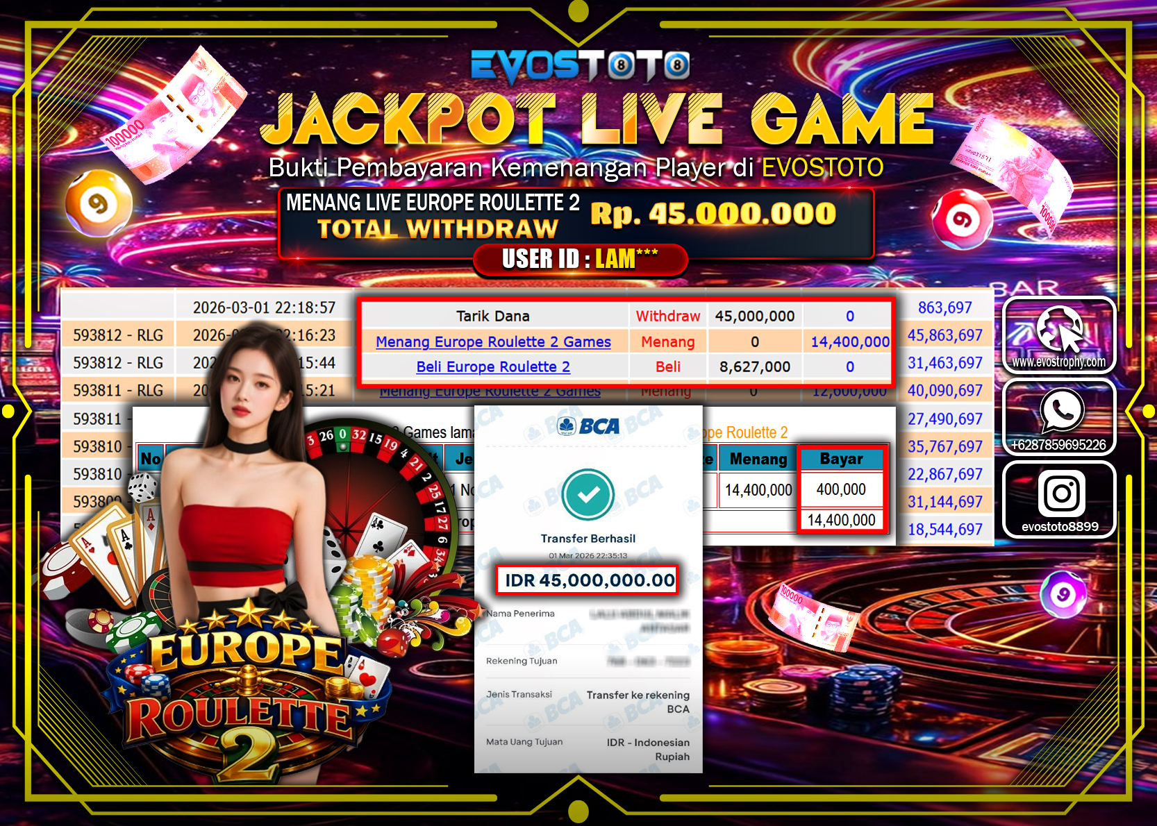 PEMBAYARAN JACKPOT LIVE GAME EUROPE ROULETTE 2 Rp45.000.000 DI BAYAR LANGSUNG !