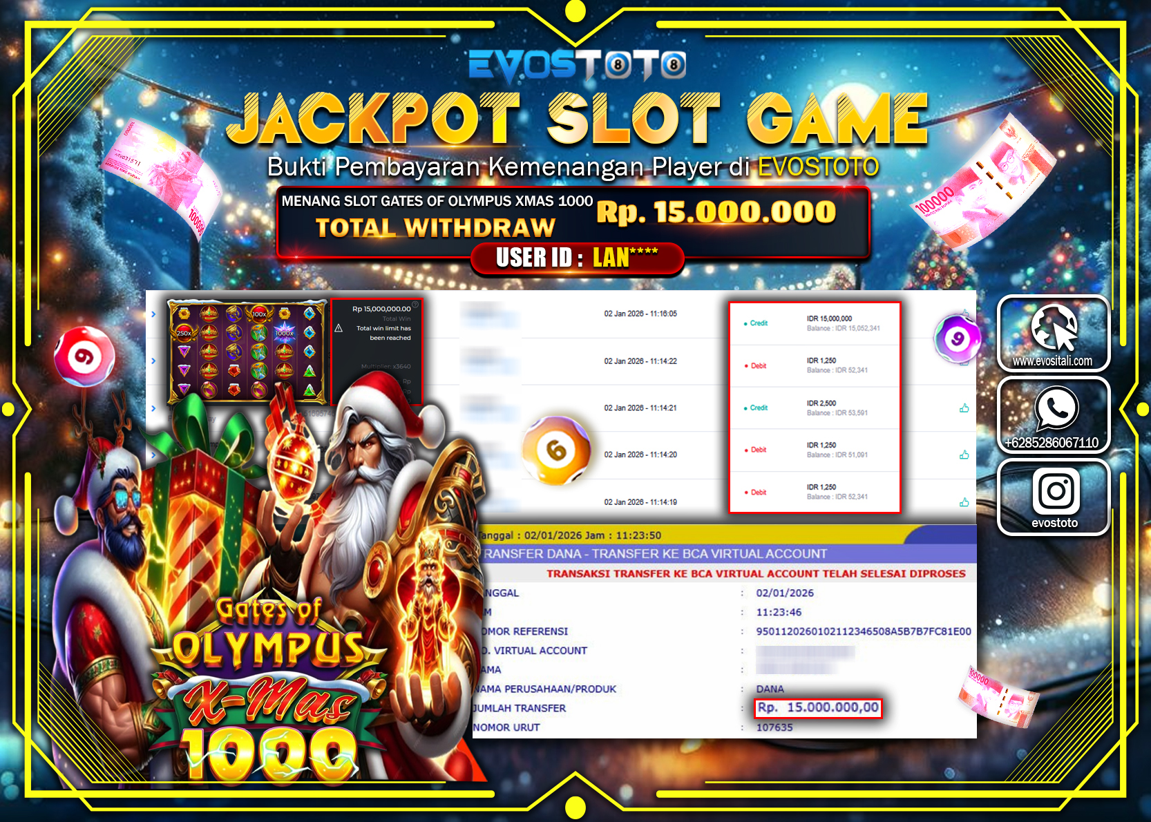 PEMBAYARAN JACKPOT SLOT GATES OF OLYMPUS XMAS 1000 Rp.15.000.000 DI BAYAR LANGSUNG !