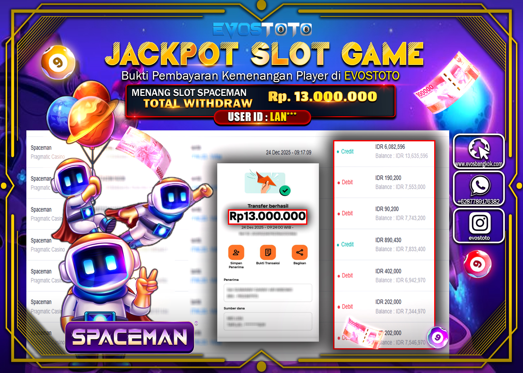 PEMBAYARAN JACKPOT SLOT SPACEMAN Rp.13.000.000 DI BAYAR LANGSUNG !