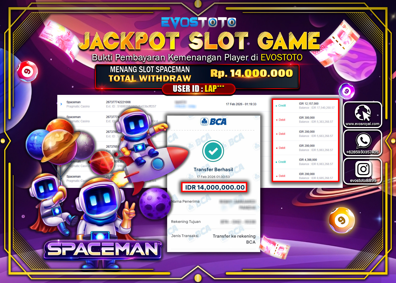 PEMBAYARAN JACKPOT SLOT SPACEMAN Rp.14.000.000 DI BAYAR LANGSUNG !