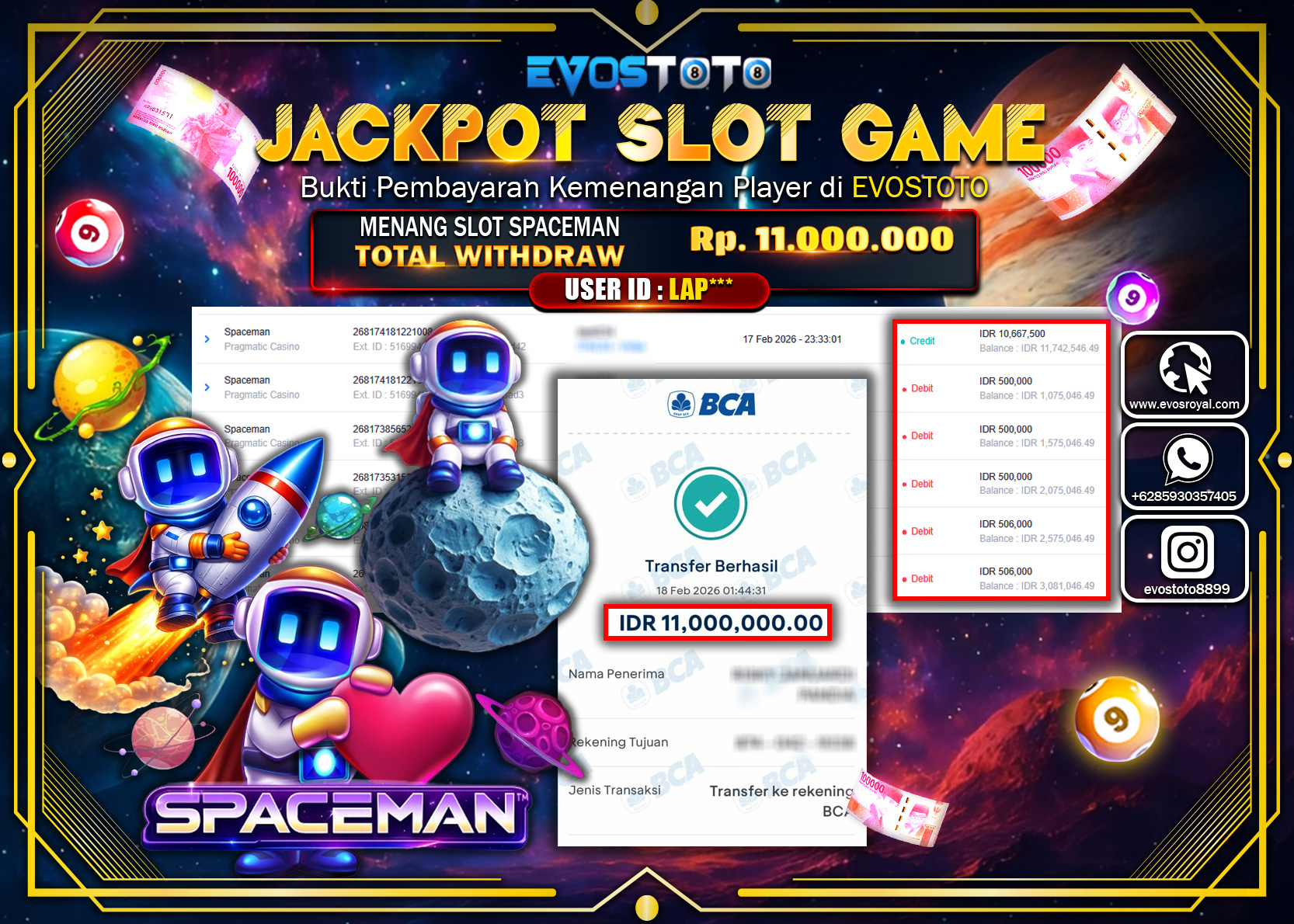 PEMBAYARAN JACKPOT SLOT SPACEMAN Rp.11.000.000 DI BAYAR LANGSUNG !