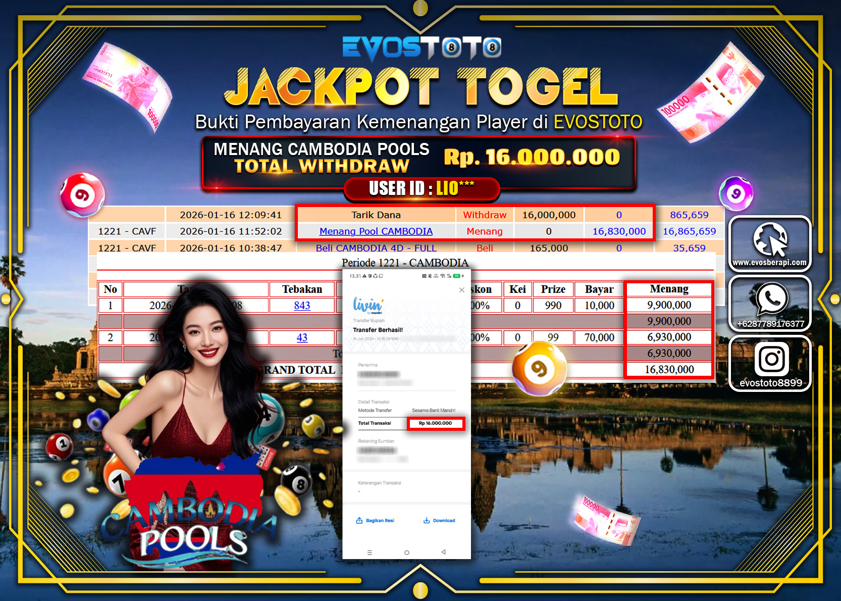 PEMBAYARAN JACKPOT TOGEL CAMBODIA POOLS Rp.16.000.000 DI BAYAR LANGSUNG !