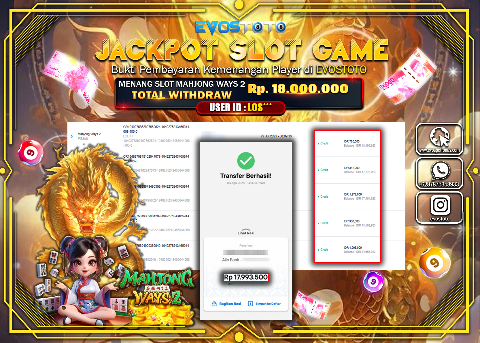PEMBAYARAN JACKPOT SLOT MAHJONG WAYS 2 Rp18.000.000 DI BAYAR LANGSUNG !