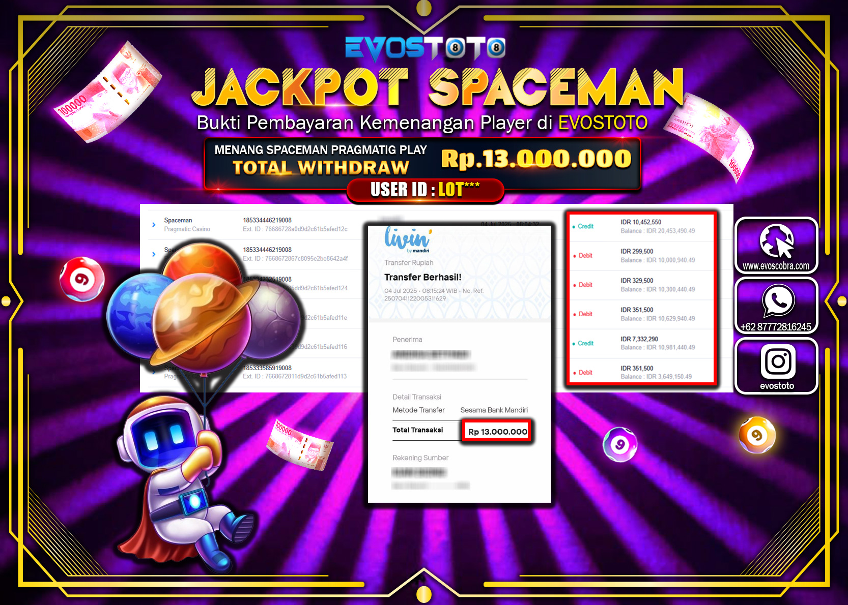 PEMBAYARAN JACKPOT SPACEMAN PRAGMATIC PLAY RP13.000.000 DI BAYAR LANGSUNG !