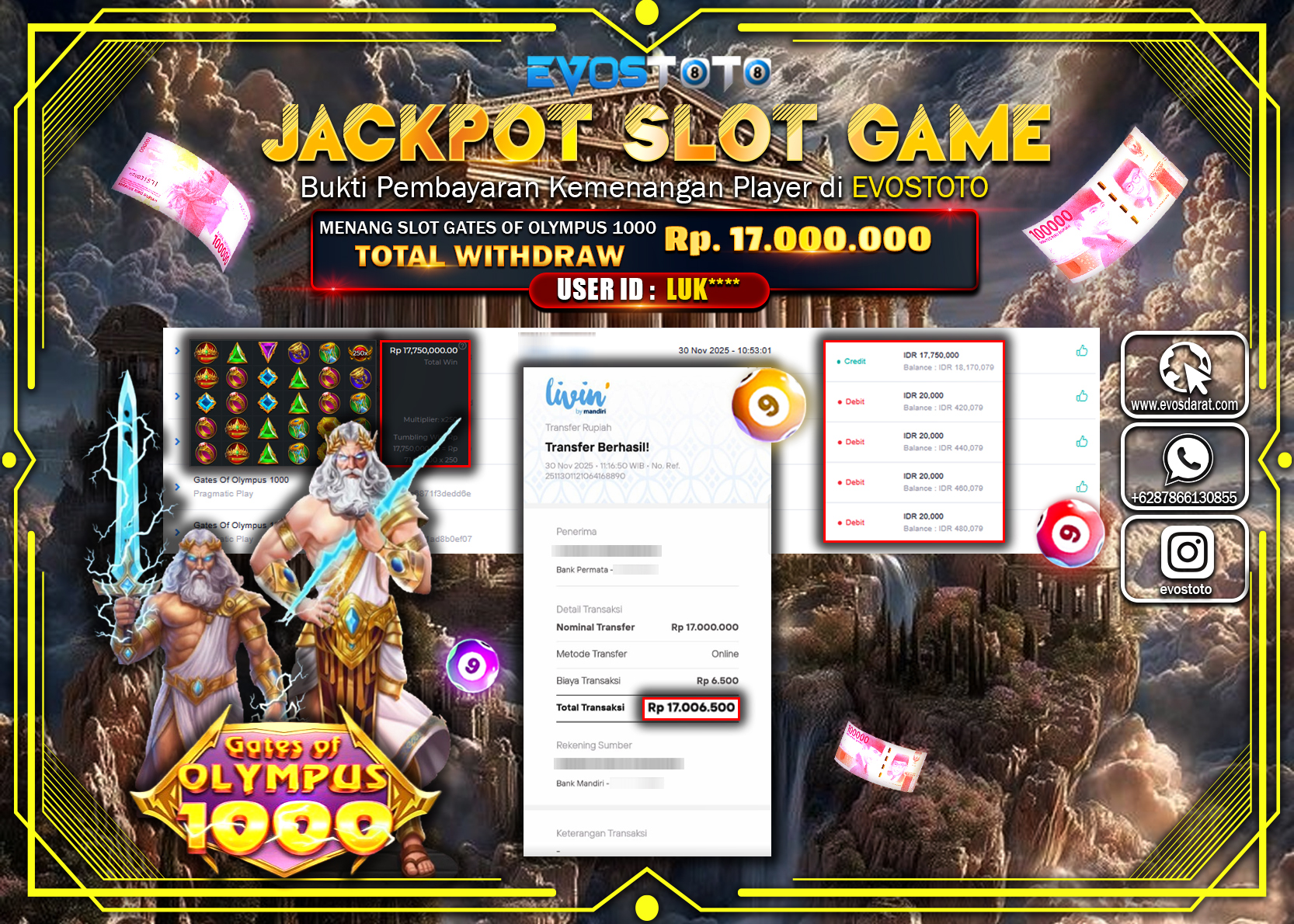 PEMBAYARAN JACKPOT SLOT GATES OF OLYMPUS 1000 Rp.17.000.000 DI BAYAR LANGSUNG !