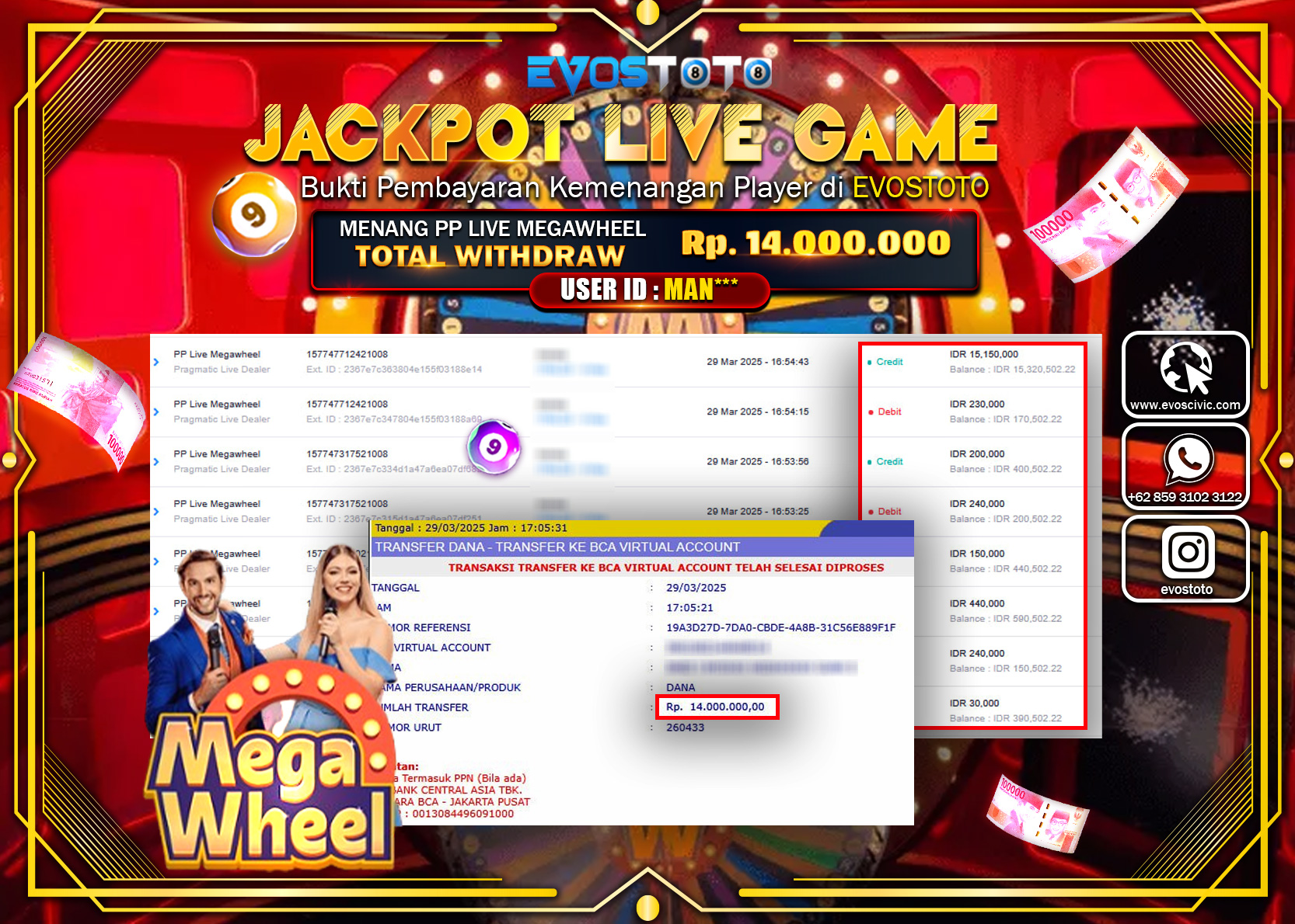 PEMBAYARAN JACKPOT MENANG PP LIVE MEGAWHELL Rp.14.000.000 DI BAYAR LANGSUNG !