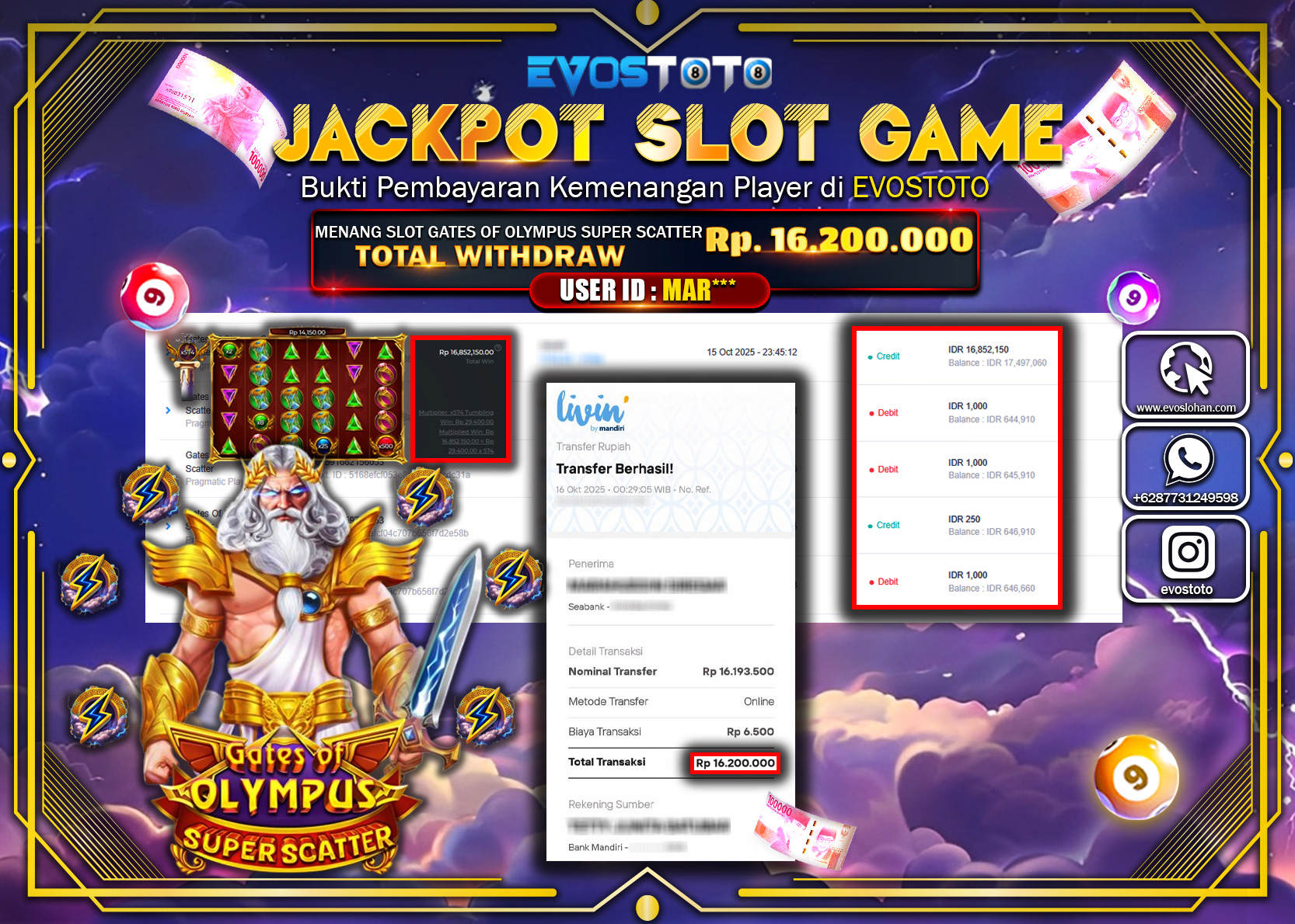 PEMBAYARAN JACKPOT SLOT GATES OF OLYMPUS SUPER SCATTER Rp16.200.000 DI BAYAR LANGSUNG !