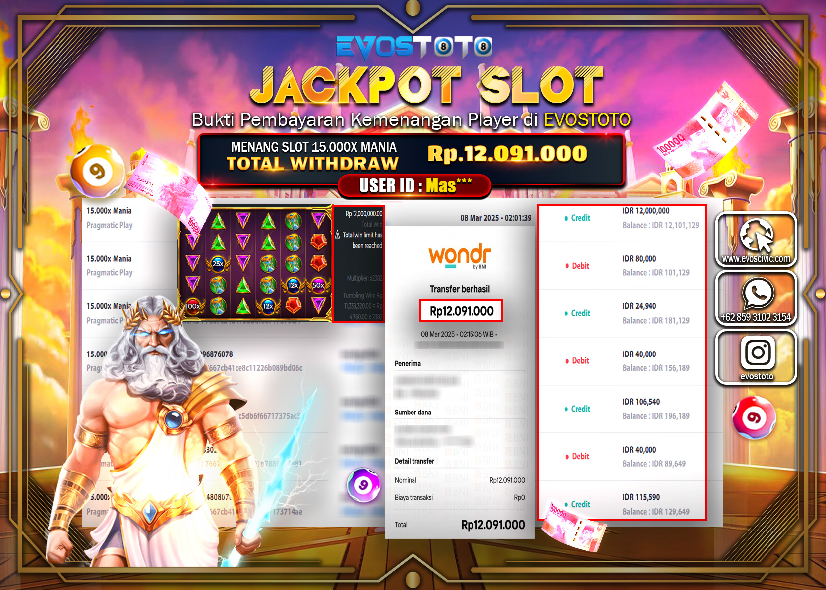 PEMBAYARAN JACKPOT SLOT 15.000X MANIA Rp.12.091.000 DI BAYAR LANGSUNG