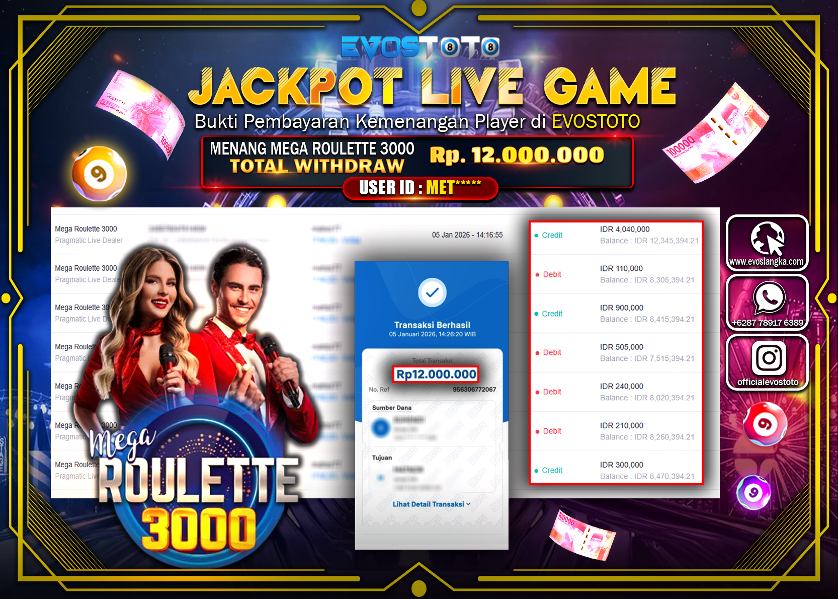 PEMBAYARAN JACKPOT LIVE GAME MEGA ROULETTE 3000 Rp.12.000.000 DI BAYAR LANGSUNG !