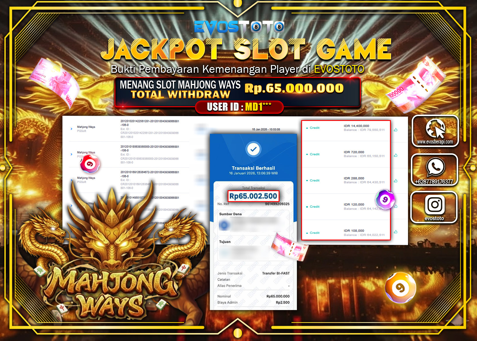 PEMBAYARAN JACKPOT SLOT MAHJONG WAYS Rp.65.000.000 DI BAYAR LANGSUNG !