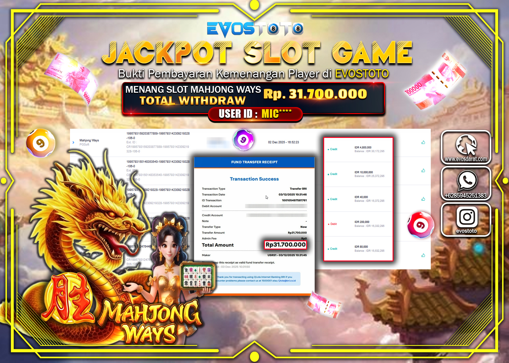 PEMBAYARAN JACKPOT SLOT MAHJONG WAYS Rp.31.700.000 DI BAYAR LANGSUNG !