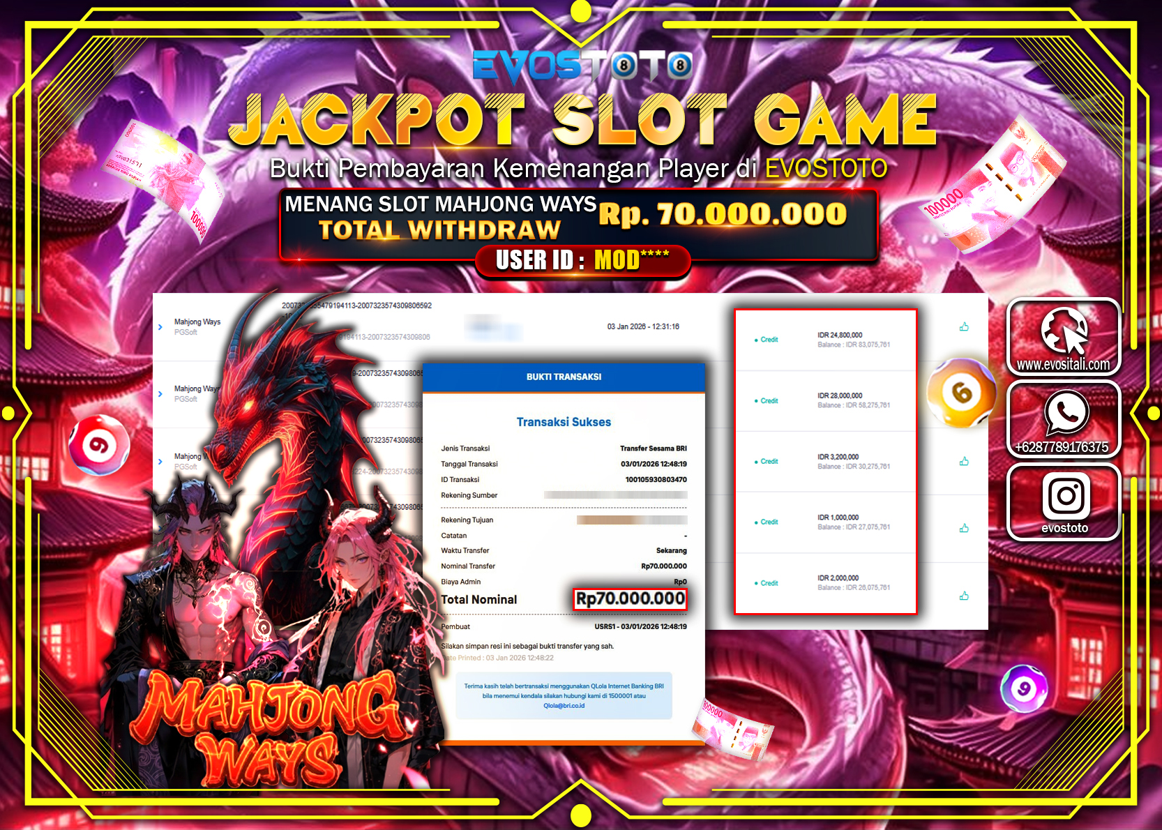 PEMBAYARAN JACKPOT SLOT MAHJONG WAYS Rp.70.000.000 DI BAYAR LANGSUNG !