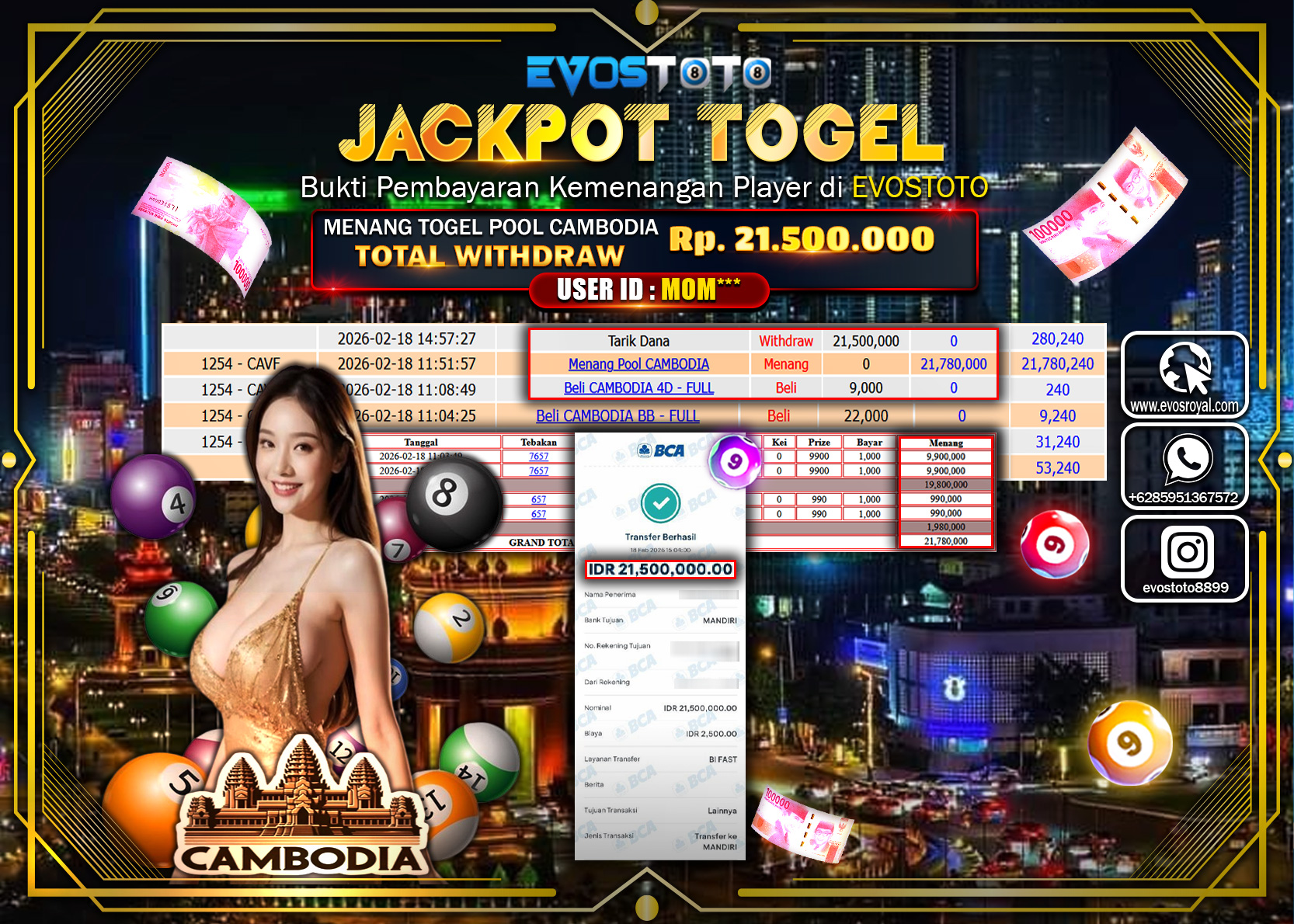 PEMBAYARAN JACKPOT TOGEL POOL CAMBODIA Rp.21.500.000 DI BAYAR LANGSUNG !