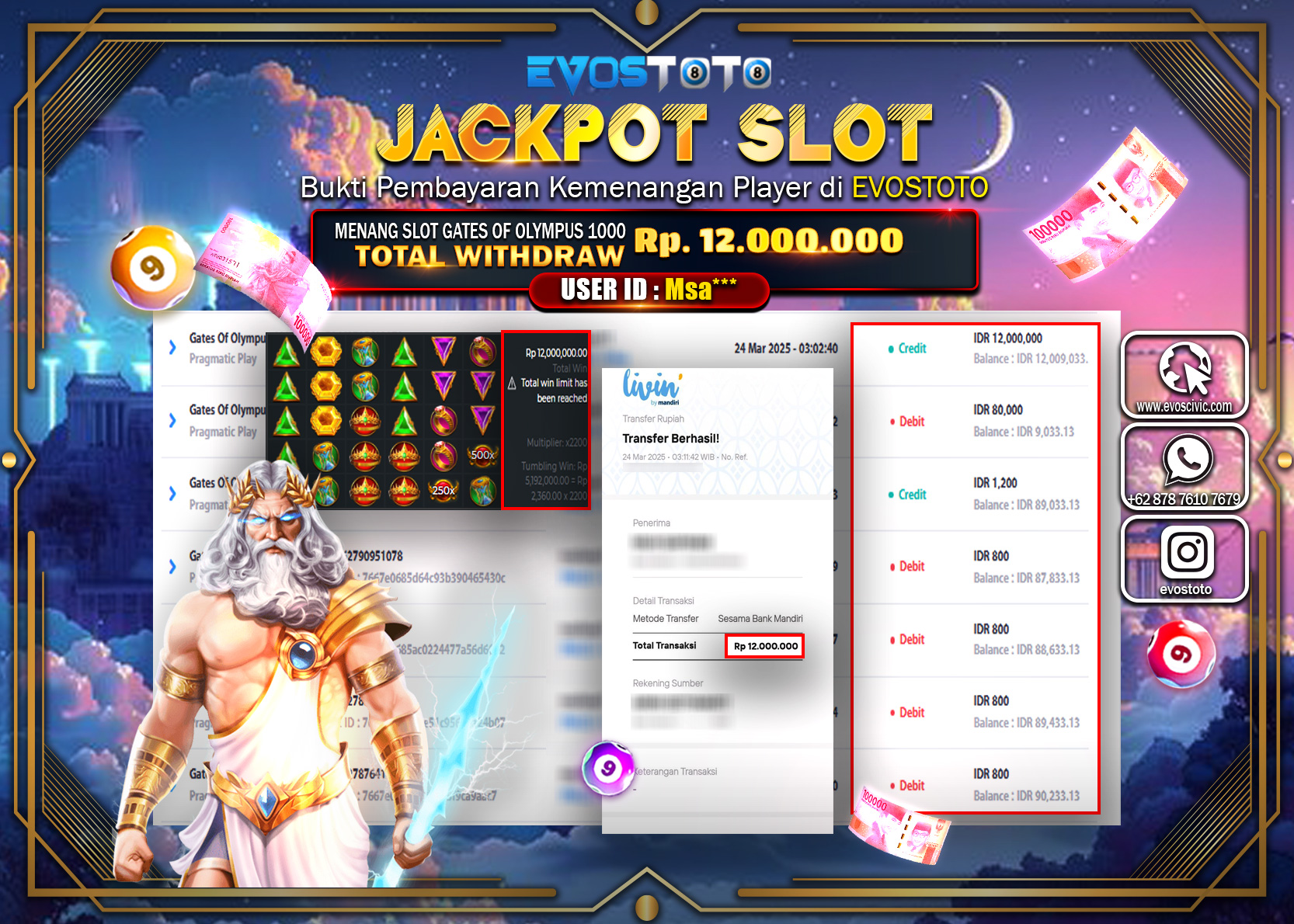 PEMBAYARAN JACKPOT SLOT GATES OF OLYMPUS 1000 Rp. 12.000.000 DI BAYAR LANGSUNG !