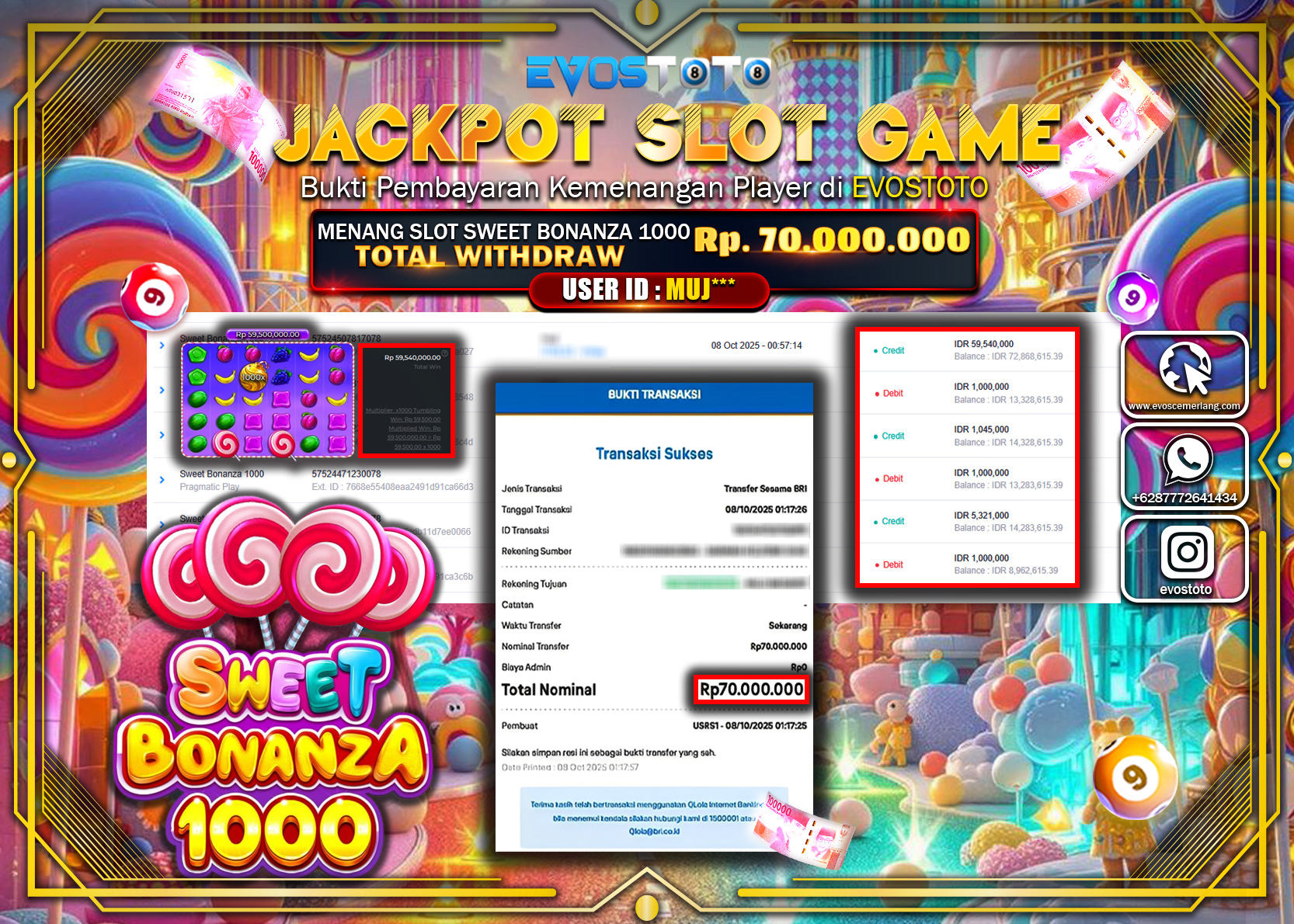 PEMBAYARAN JACKPOT SLOT SWEET BONANZA 1000 Rp70.000.000 DI BAYAR LANGSUNG !