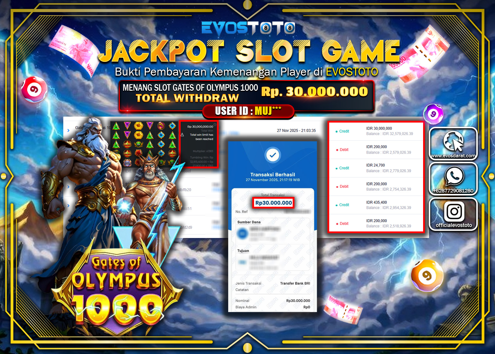 PEMBAYARAN JACKPOT SLOT GATES OF OLYMPUS 1000 Rp.30.000.000 DI BAYAR LANGSUNG !