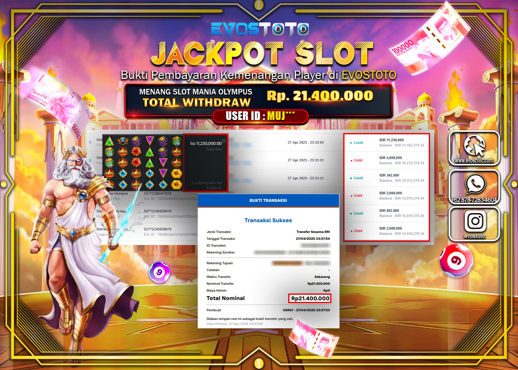 PEMBAYARAN JACKPOT SLOT MANIA OLYMPUS  21.400.000 DI BAYAR LANGSUNG !