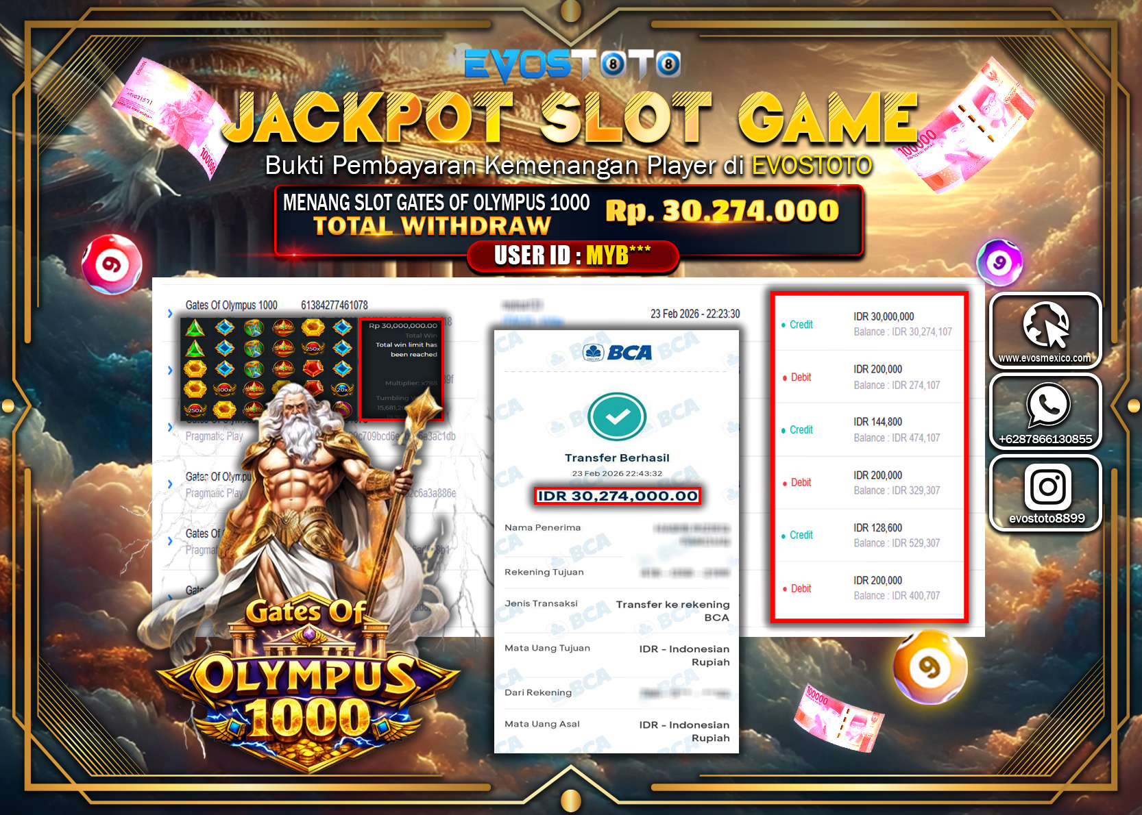 PEMBAYARAN JACKPOT SLOT GAME GATES OF OLYMPUS 1000 Rp.30.274.000 DI BAYAR LANGSUNG !