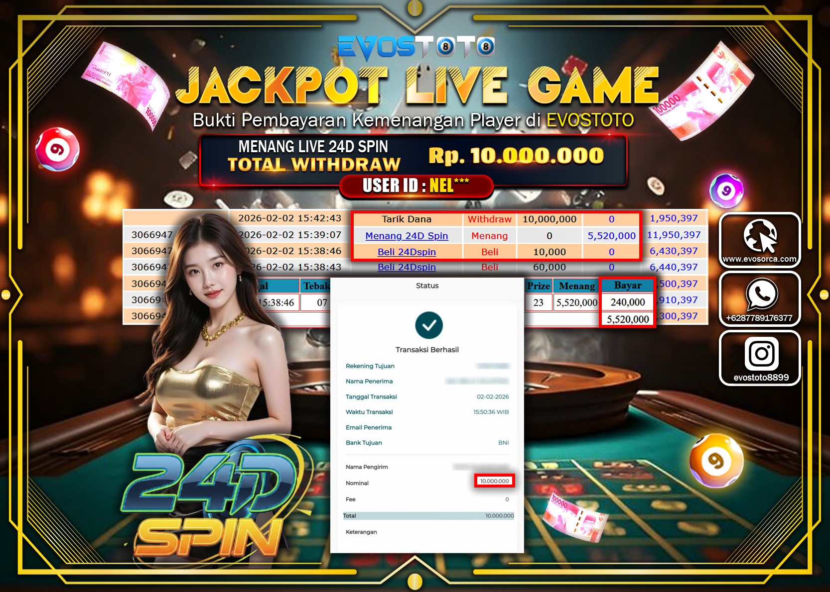 PEMBAYARAN JACKPOT LIVE 24D SPIN Rp.10.000.000 DI BAYAR LANGSUNG !
