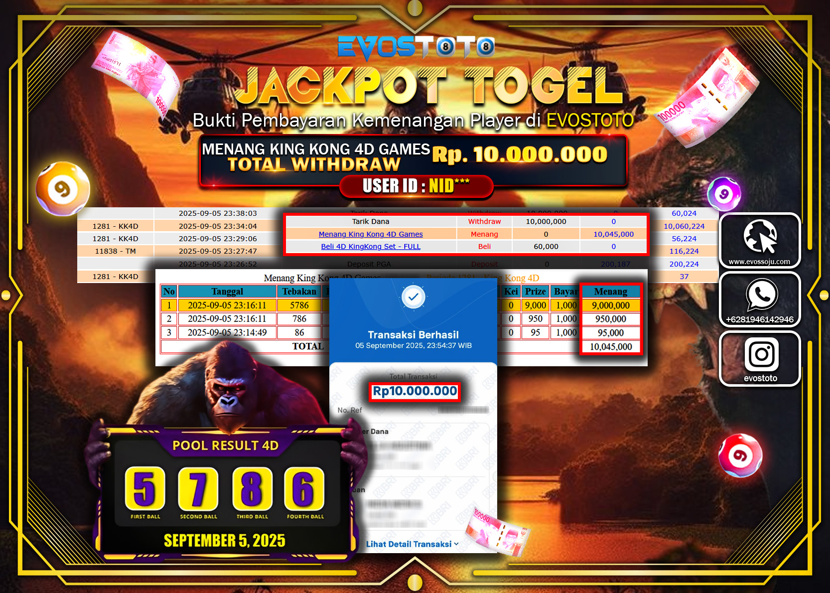 PEMBAYARAN JACKPOT TOGEL KING KONG 4D Rp10.000.000 DI BAYAR LANGSUNG !