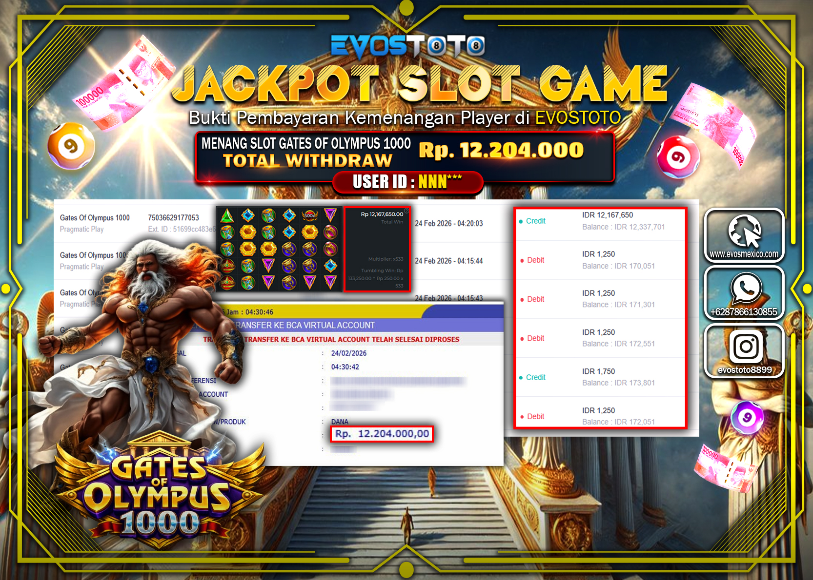 PEMBAYARAN JACKPOT SLOT GAME GATES OF OLYMPUS 1000 Rp.12.204.000 DI BAYAR LANGSUNG !