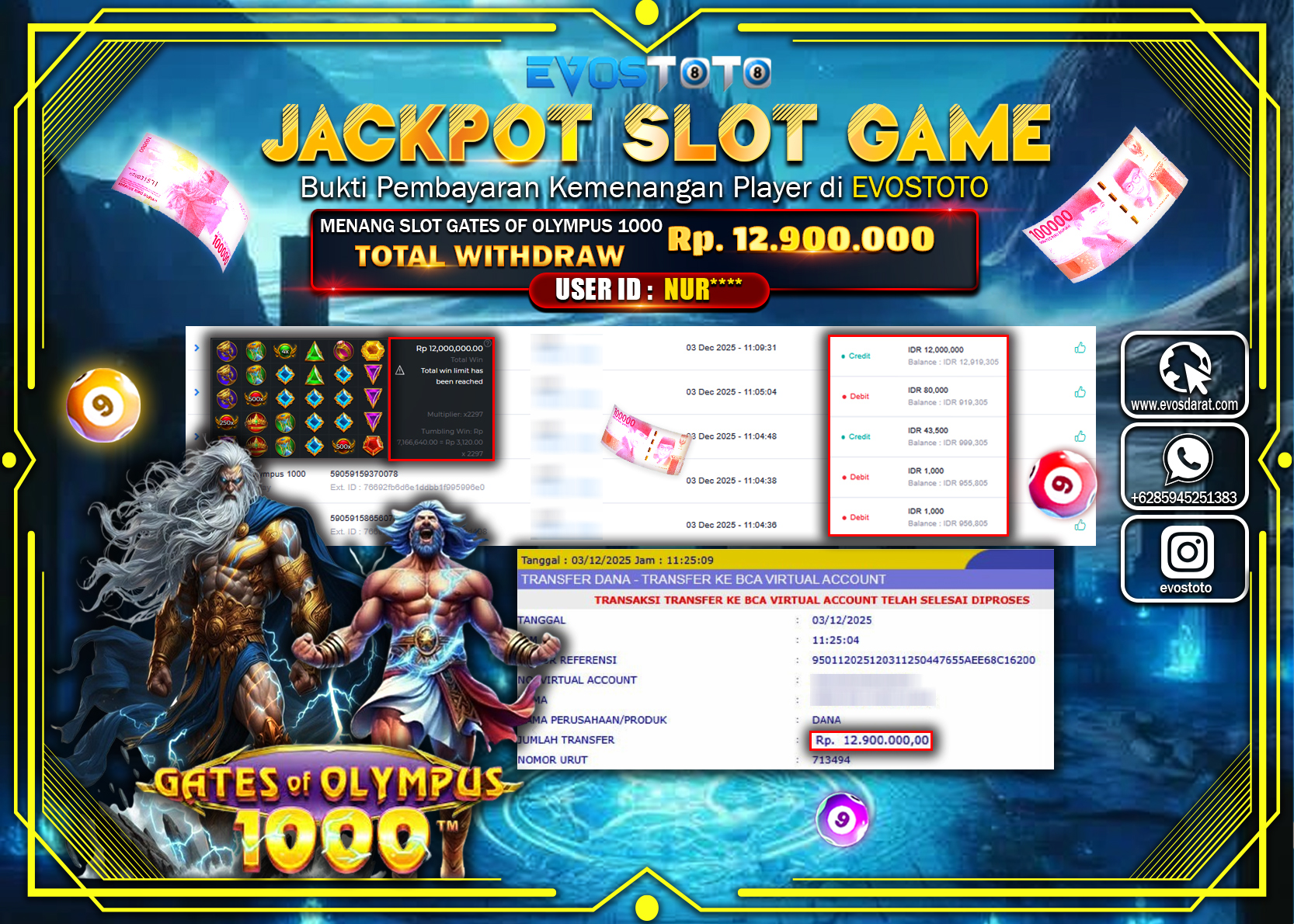 PEMBAYARAN JACKPOT SLOT GATES OF OLYMPUS 1000 Rp.12.900.000 DI BAYAR LANGSUNG !