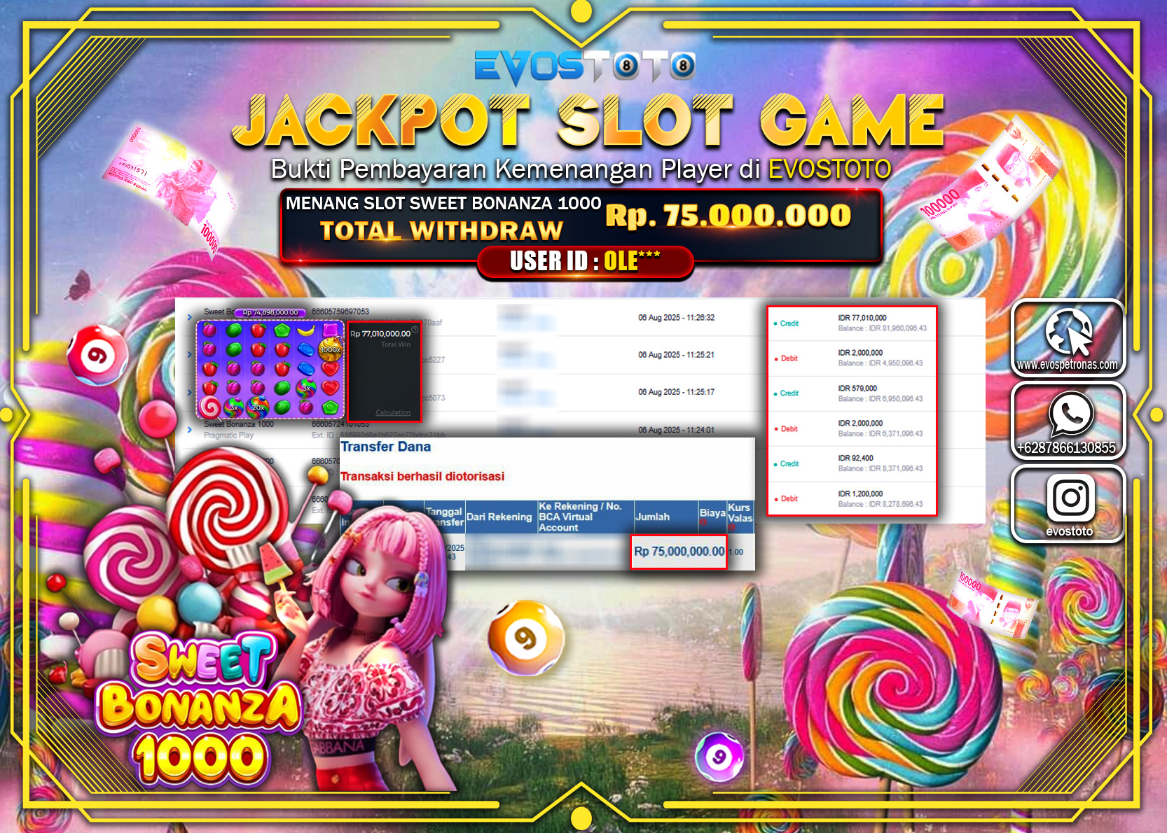 PEMBAYARAN JACKPOT SLOT SWEET BONANZA 1000 Rp75.000.000 DI BAYAR LANGSUNG !