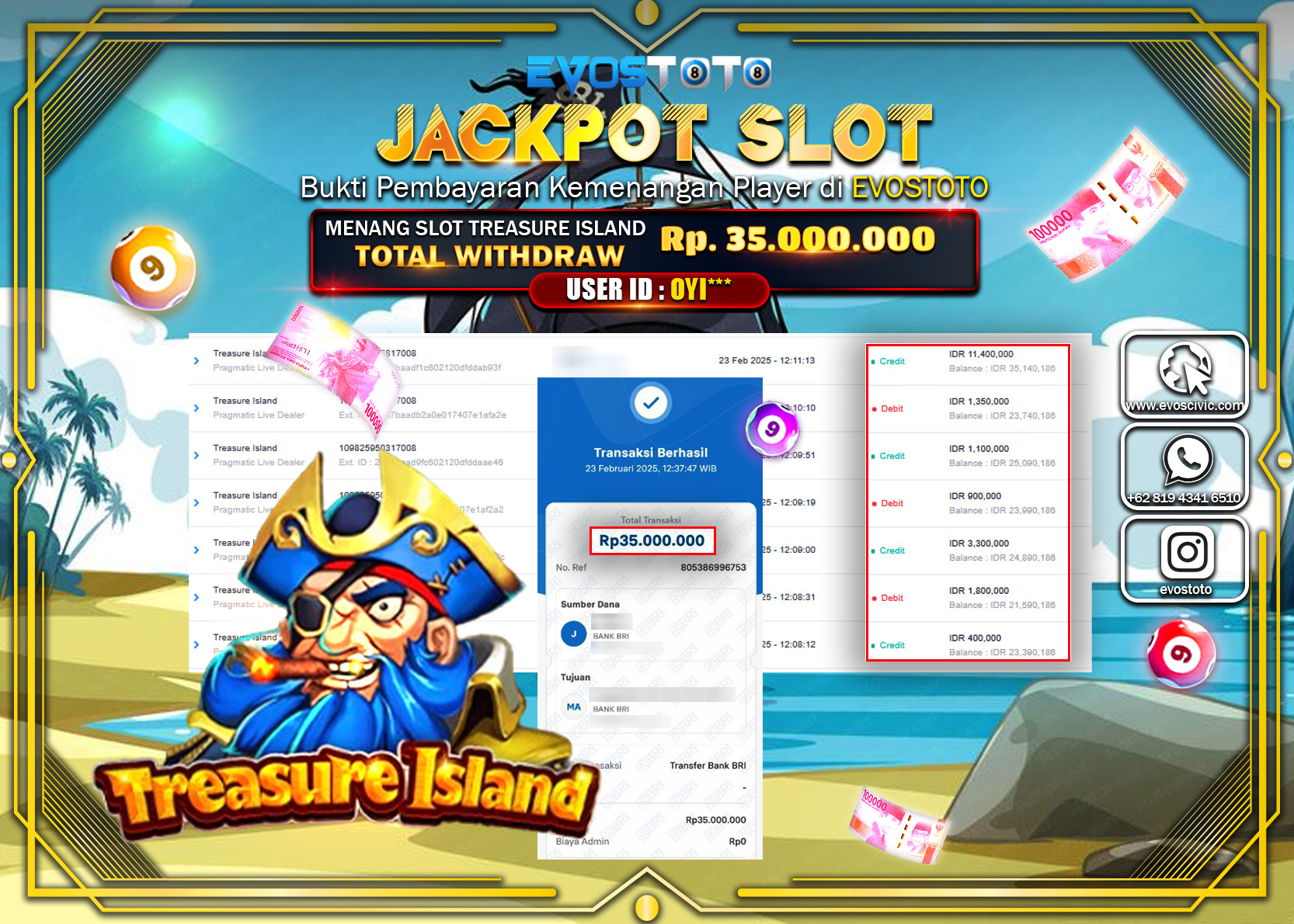 PEMBAYARAN JACKPOT SLOT TREASURE ISLAND Rp.35.000.000 DI BAYAR LANGSUNG !