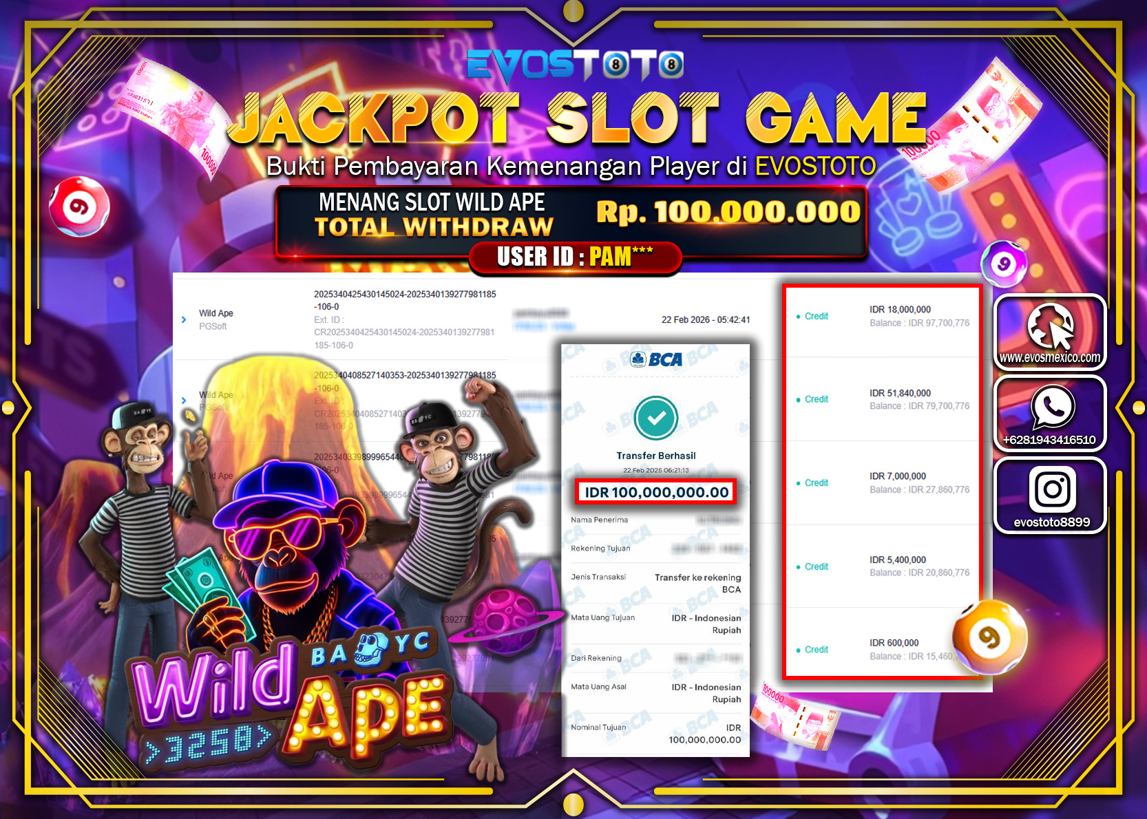 PEMBAYARAN JACKPOT SLOT WILD APE Rp.100.000.000 DI BAYAR LANGSUNG !