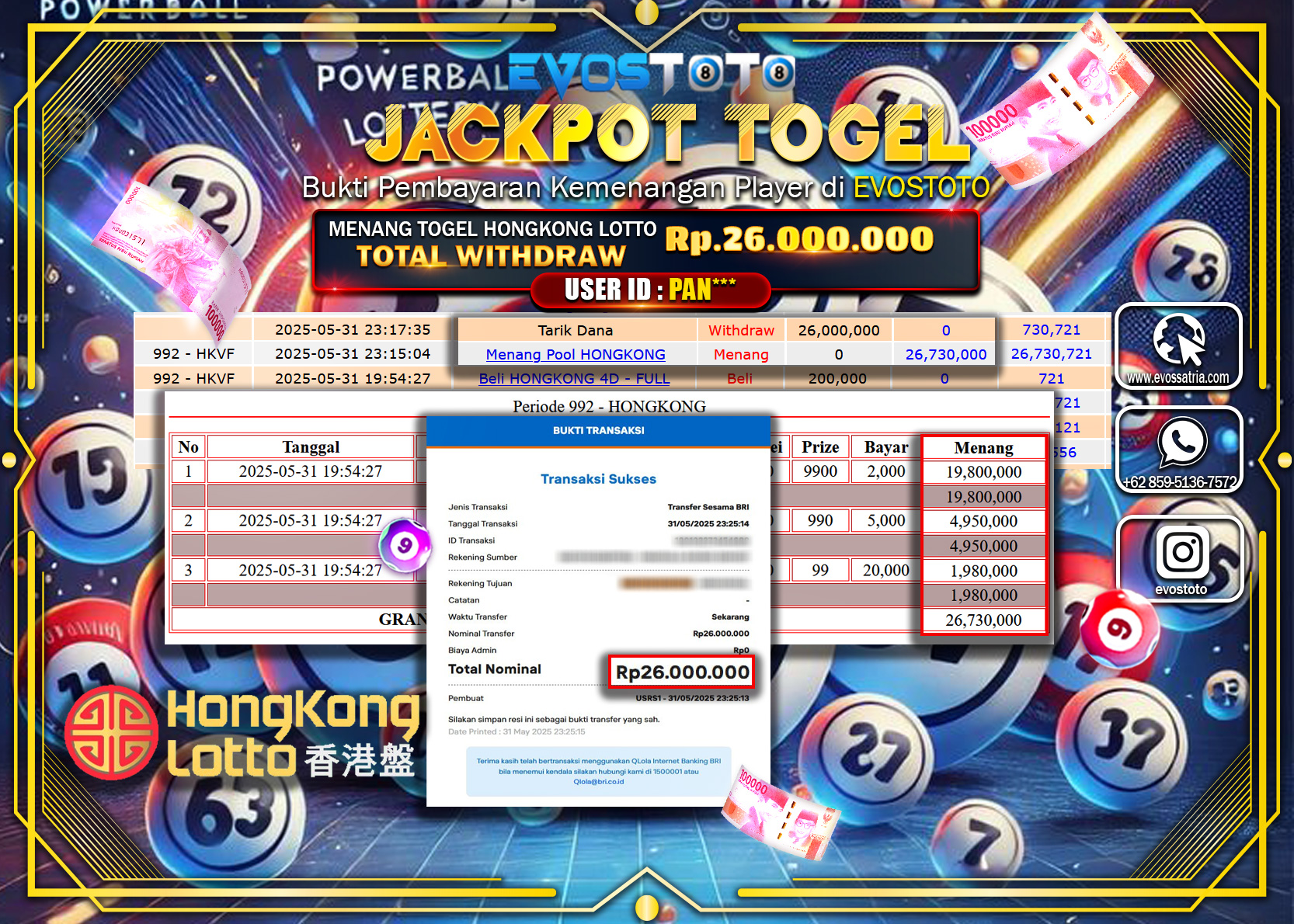 PEMBAYARAN JACKPOT TOGEL HONGKONG LOTTO Rp26.000.000 DI BAYAR LANGSUNG !