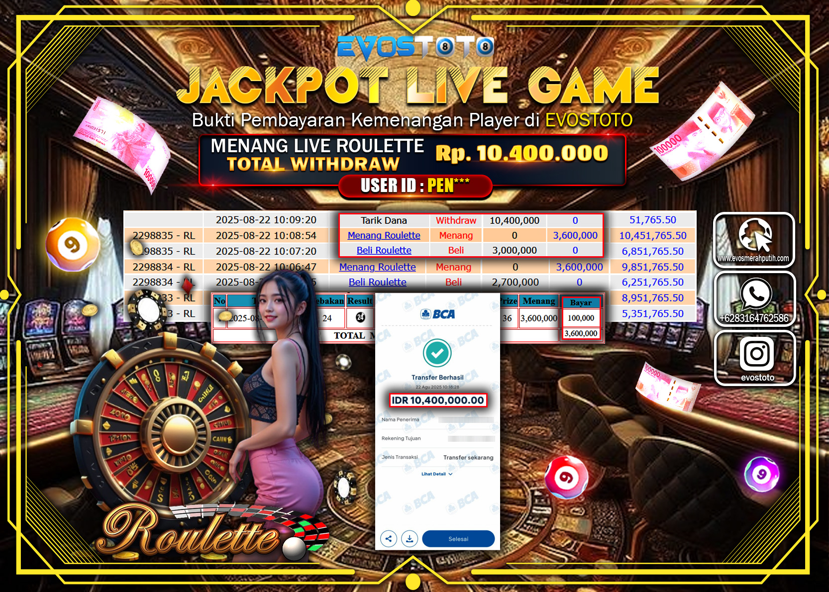 PEMBAYARAN JACKPOT LIVE GAME ROULETTE Rp10.400.000 DI BAYAR LANGSUNG !