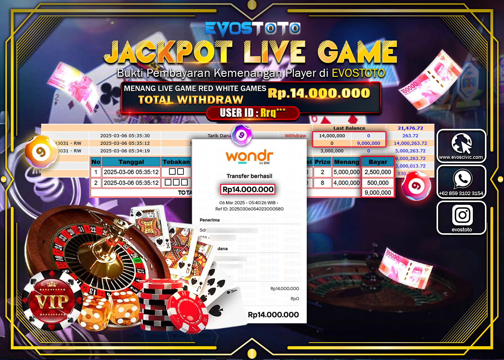 PEMBAYARAN JACKPOT LIVE GAME RED WHITE GAMES Rp.14.000.000 DI BAYAR LANGSUNG !