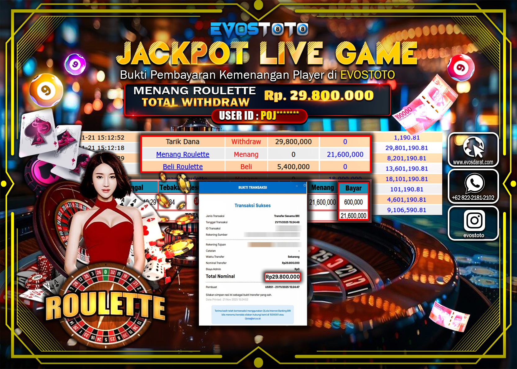 PEMBAYARAN JACKPOT LIVE GAME ROULETTE Rp.29.800.000 DI BAYAR LANGSUNG !