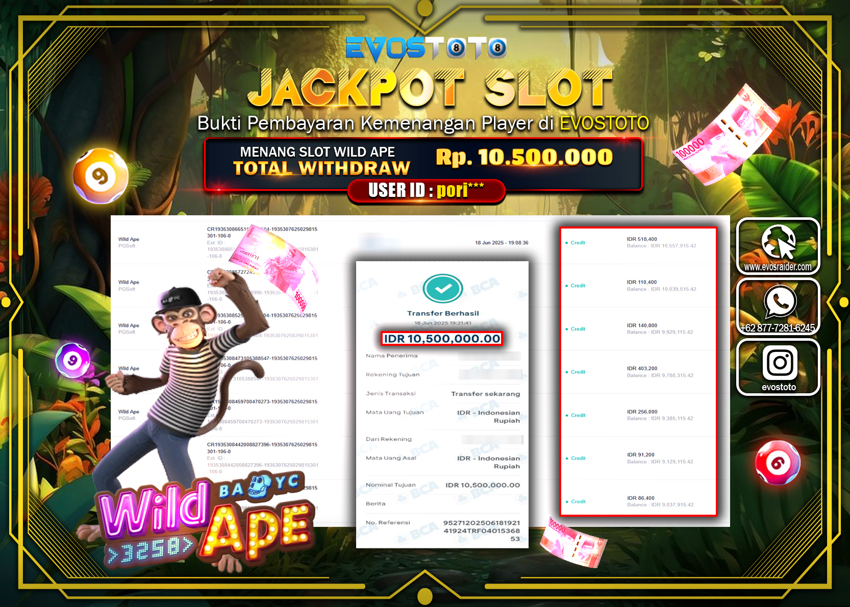 PEMBAYARAN JACKPOT SLOT WILD APE RP10.500.000 DI BAYAR LANGSUNG !