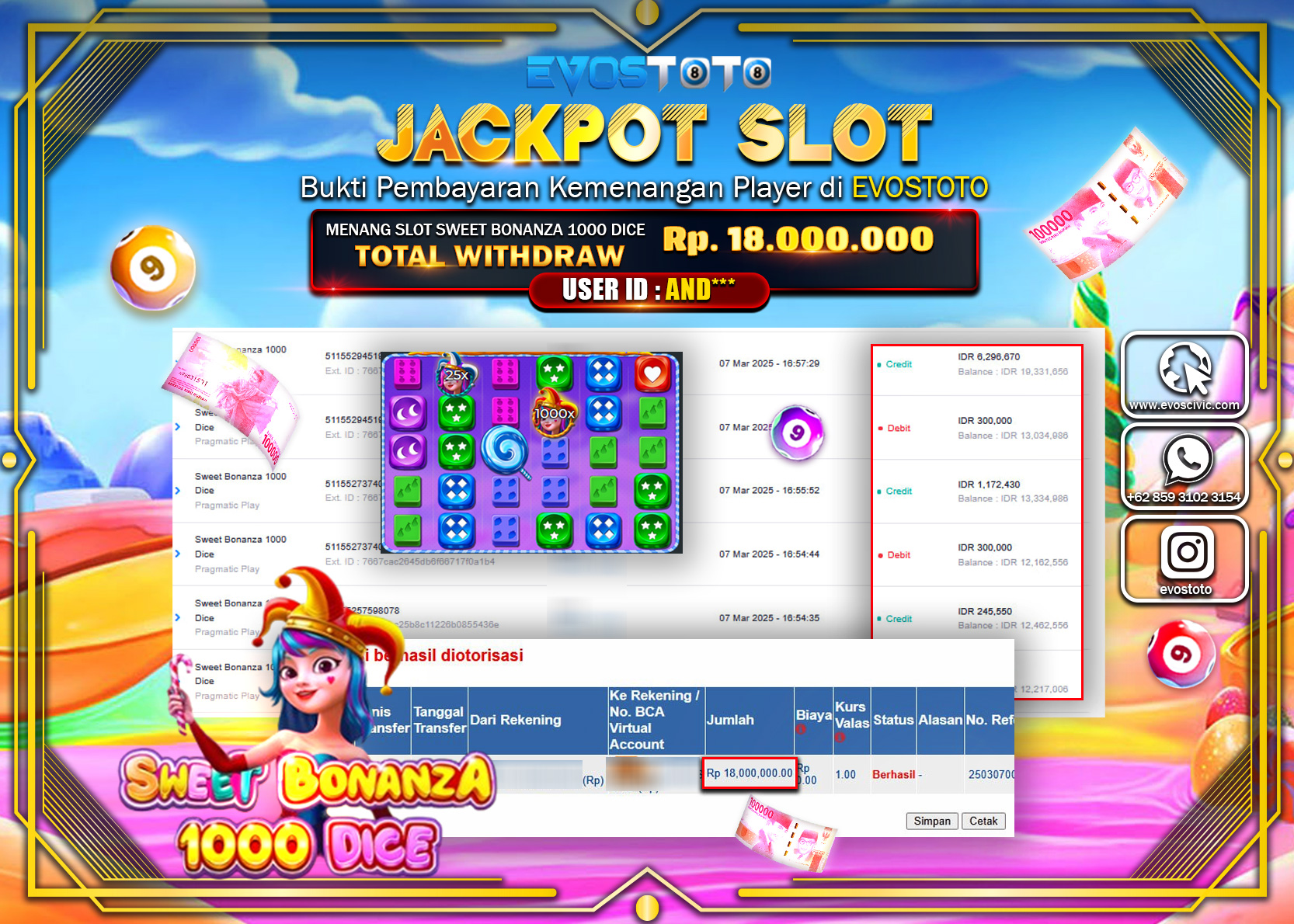PEMBAYARAN JACKPOT SLOT SWEET BONANZA 1000 DICE Rp.18.000.000 DI BAYAR LANGSUNG