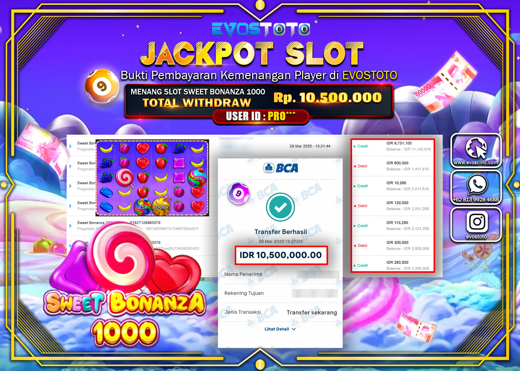PEMBAYARAN JACKPOT SLOT SWEET BONANZA 1000 Rp. 10.500.000 DI BAYAR LANGSUNG !