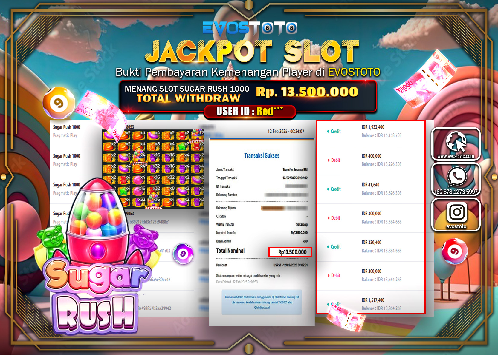 PEMBAYARAN JACKPOT SLOT SUGAR RUSH 1000 Rp.13.500.000 DI BAYAR LANGSUNG !