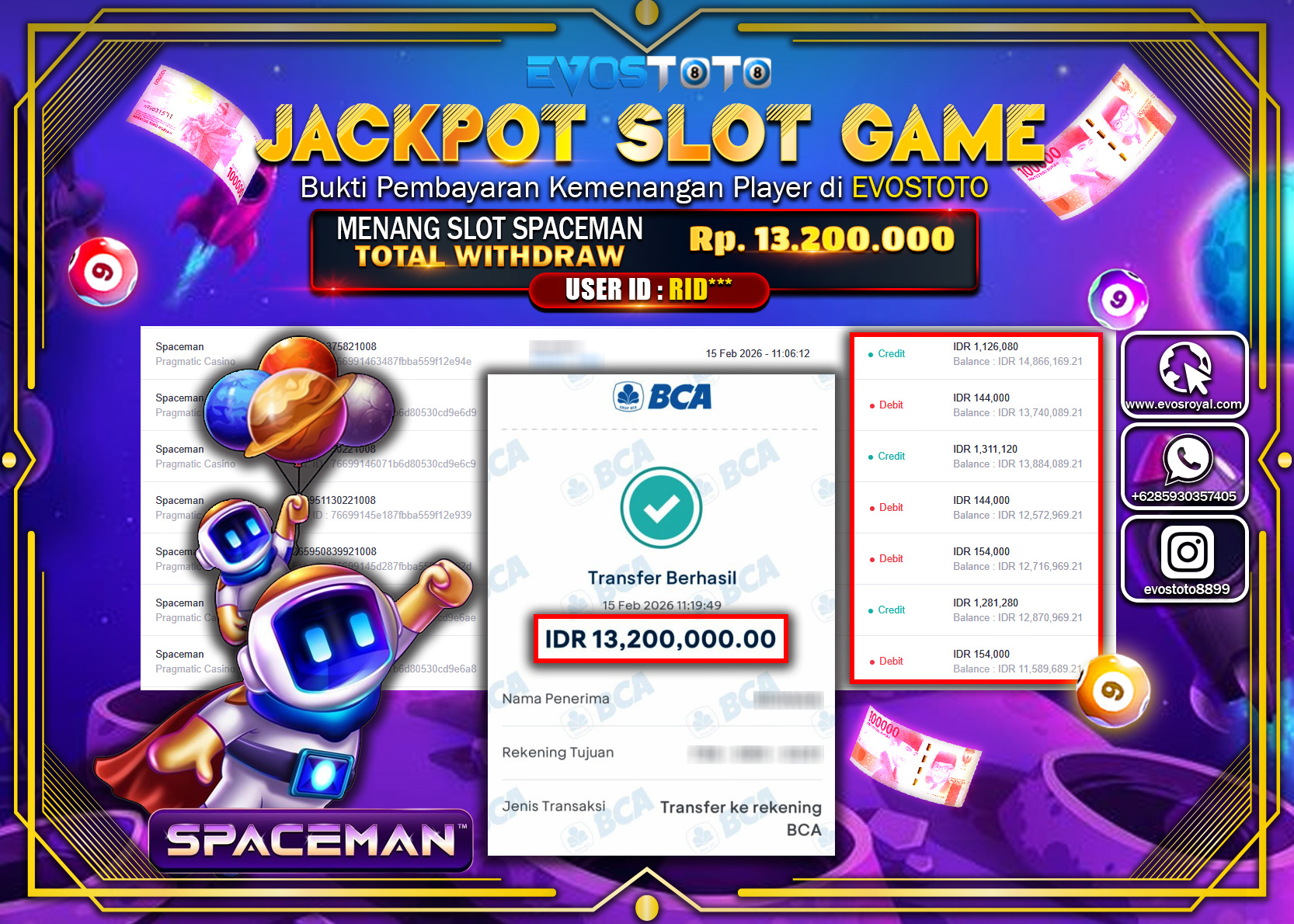 PEMBAYARAN JACKPOT SLOT SPACEMAN Rp.13.200.000 DI BAYAR LANGSUNG !