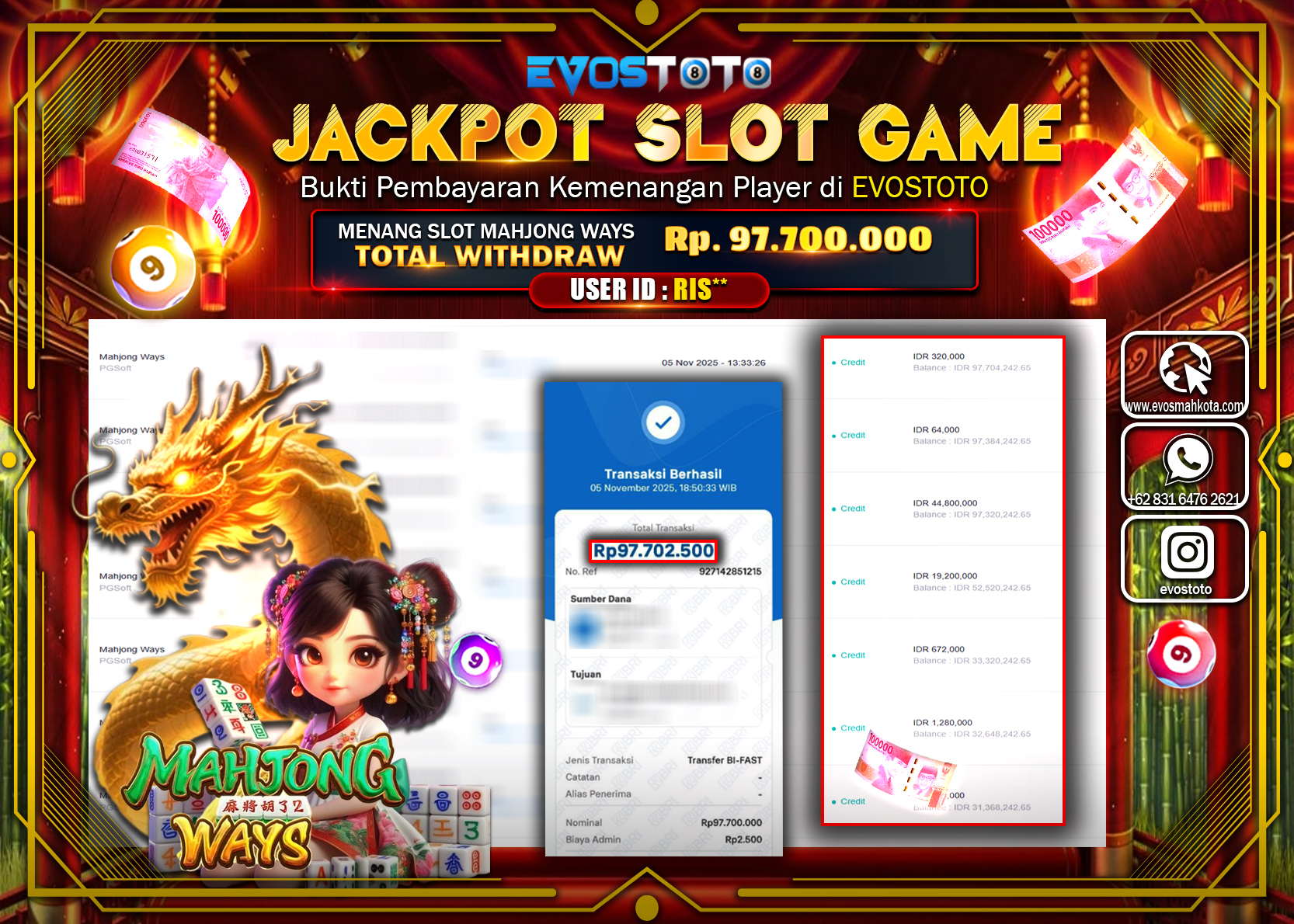 PEMBAYARAN JACKPOT SLOT MAHJONG WAYS Rp97.700.000 DI BAYAR LANGSUNG !