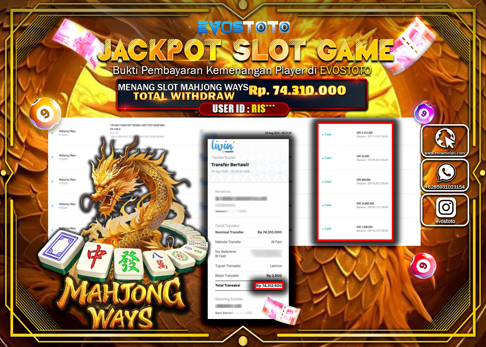 PEMBAYARAN JACKPOT SLOT MAHJONG WAYS Rp74.310.000 DI BAYAR LANGSUNG !
