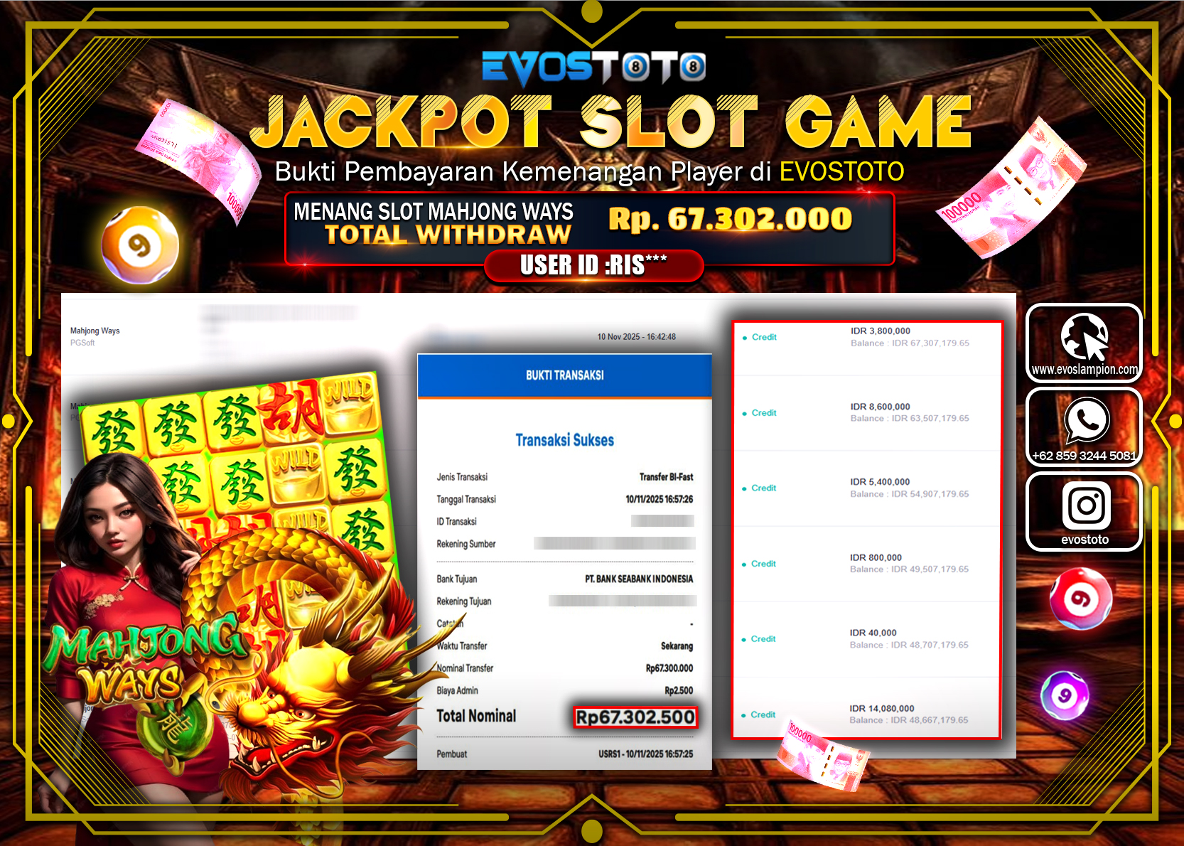 PEMBAYARAN JACKPOT SLOT MAHJONG WAYS Rp67.302.000 DI BAYAR LANGSUNG !
