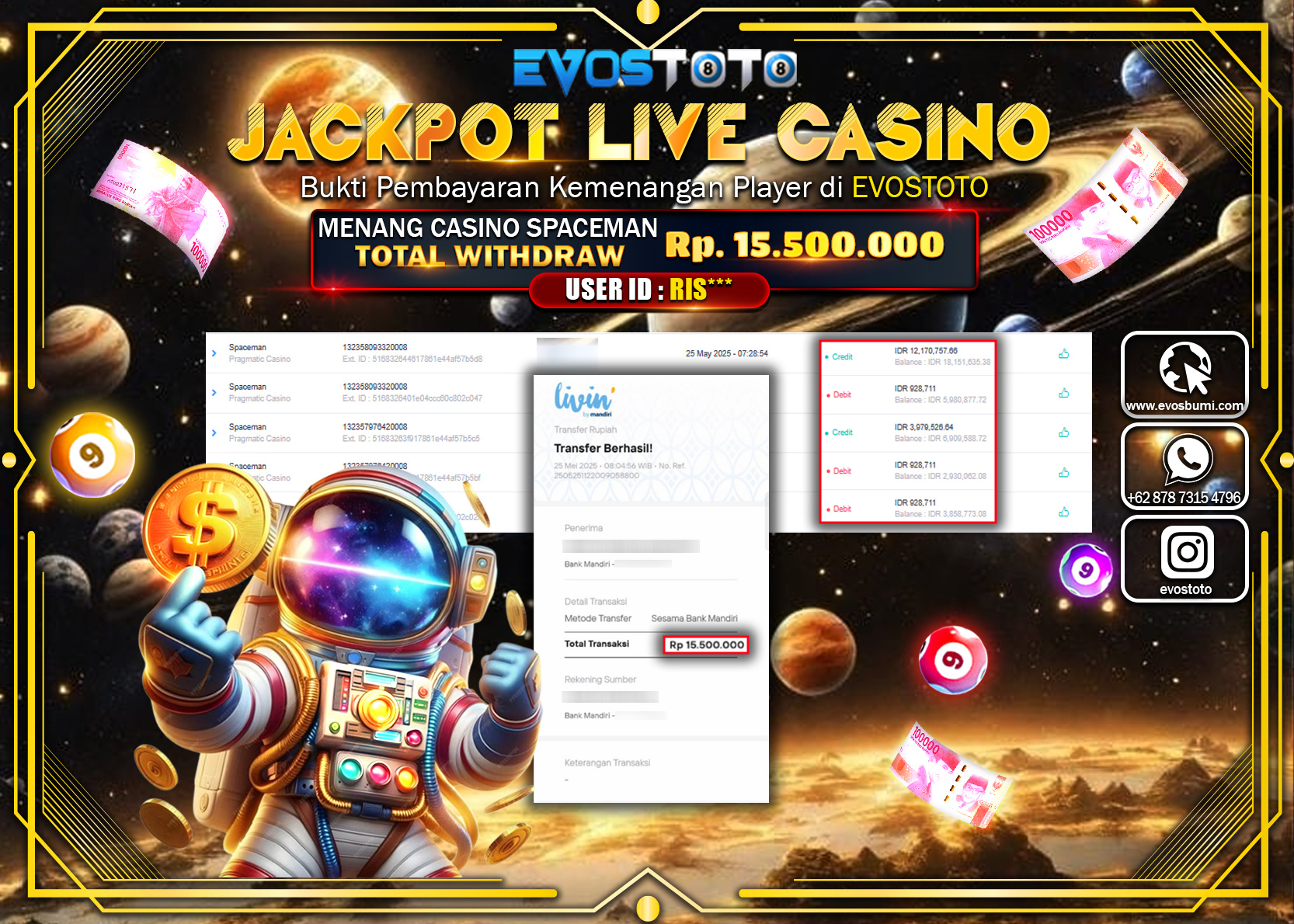 PEMBAYARAN JACKPOT LIVE CASINO SPACEMAN 12.000.000 DI BAYAR LANGSUNG !