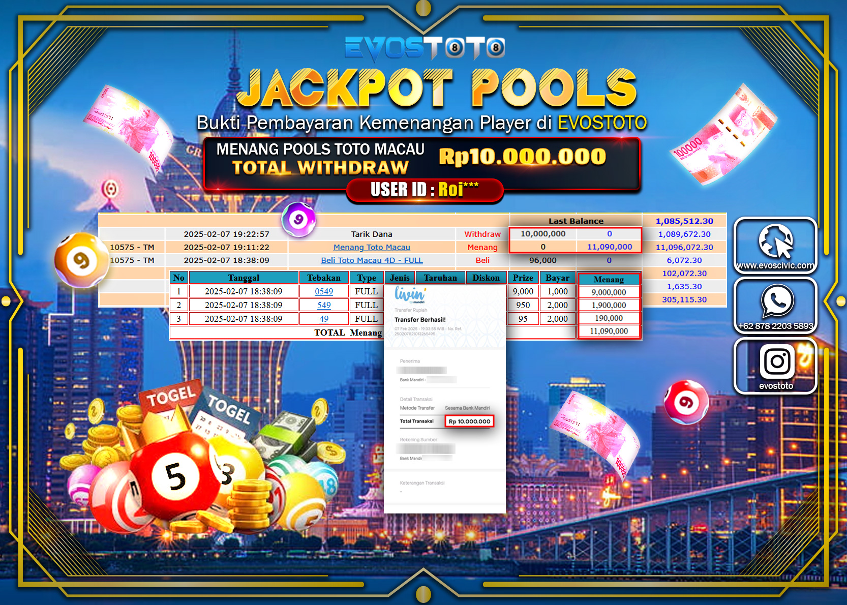 PEMBAYARAN JACKPOT POOLS TOTO MACAU Rp.10.000.000 DI BAYAR LANGSUNG !