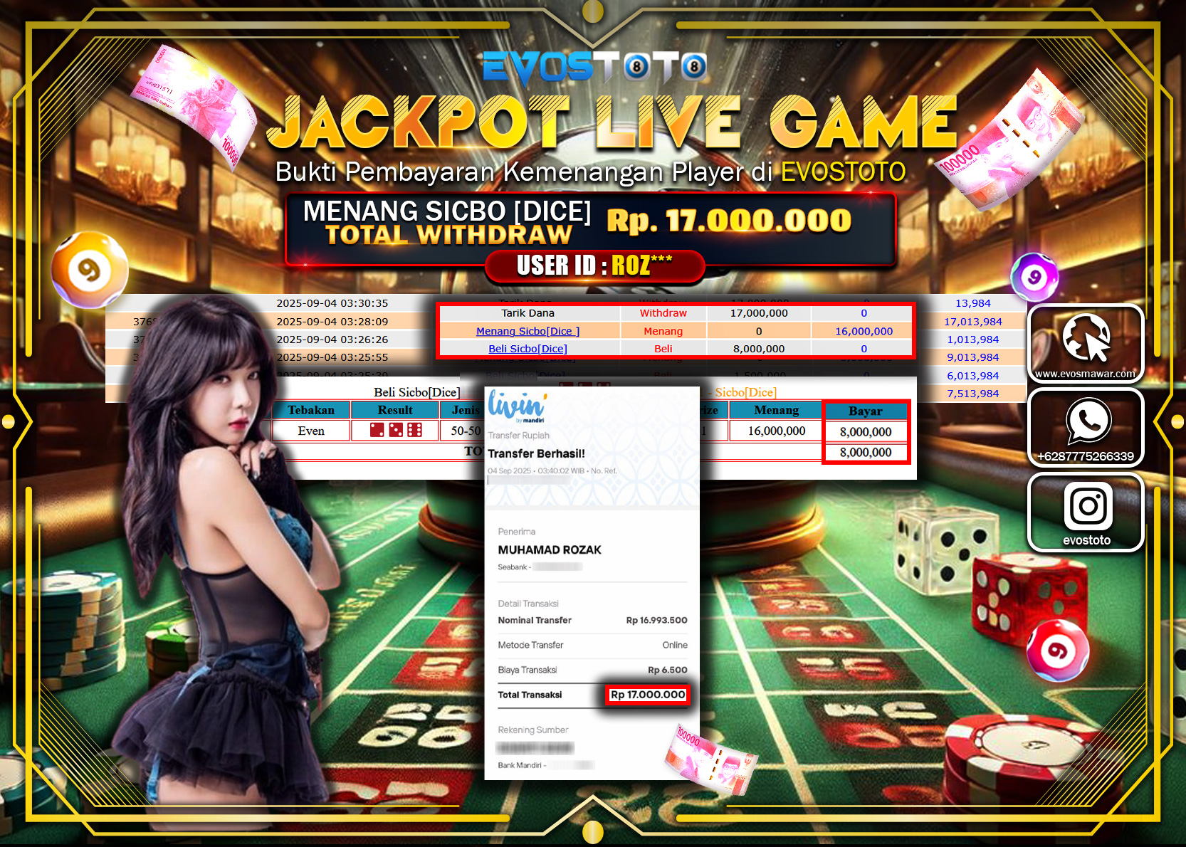 PEMBAYARAN JACKPOT LIVE GAME SICBO DICE Rp17.000.000 DI BAYAR LANGSUNG !