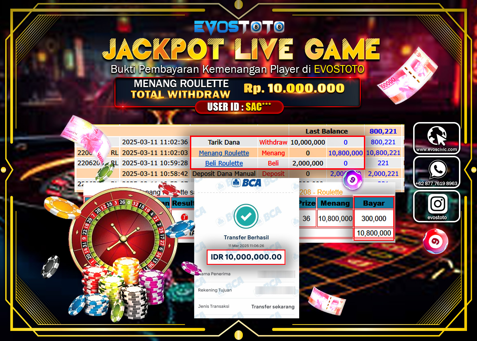 PEMBAYARAN JACKPOT LIVE GAME ROULETTE Rp.10.000.000 DI BAYAR LANGSUNG !