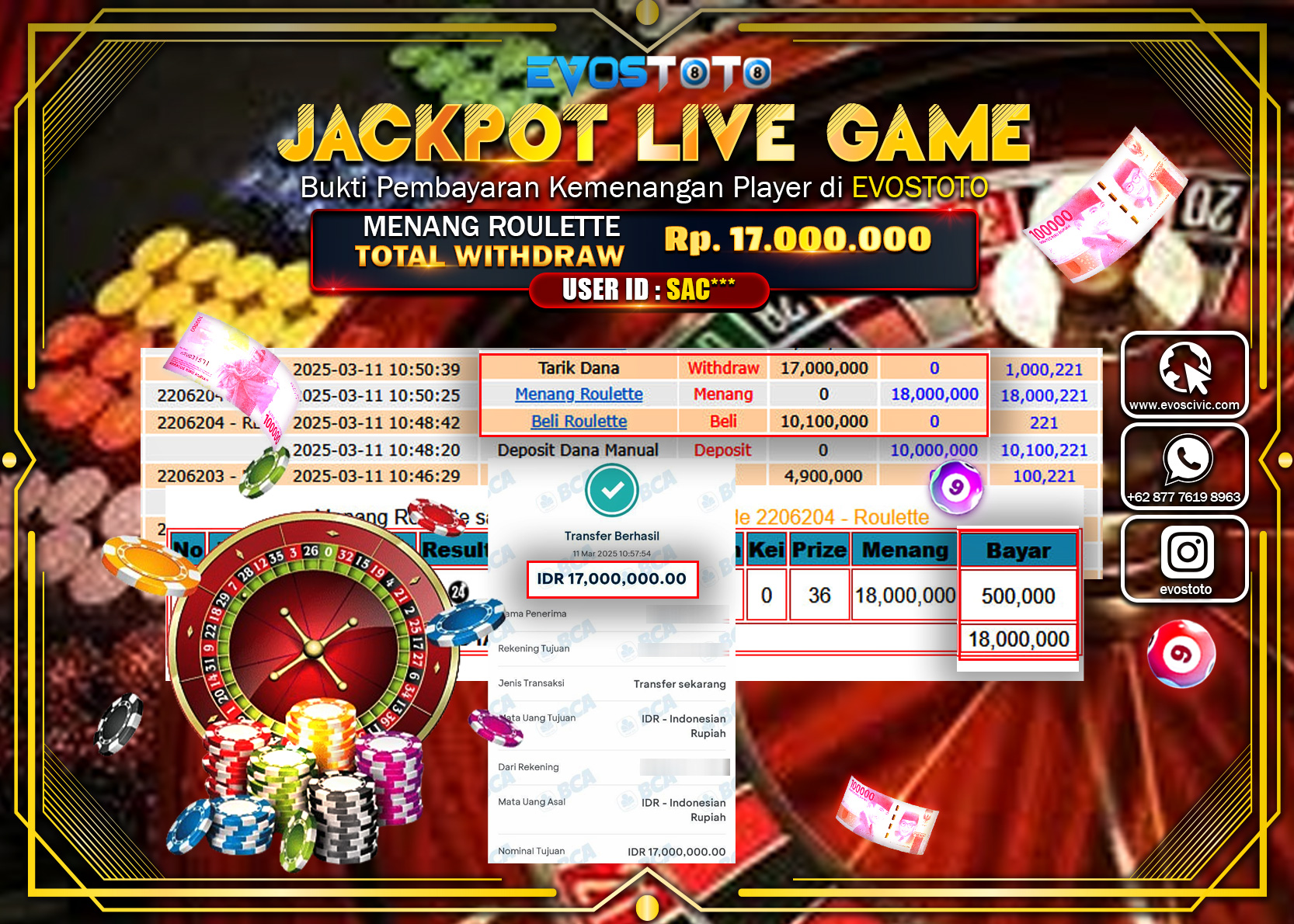 PEMBAYARAN JACKPOT LIVE GAME ROULETTE Rp.17.000.000 DI BAYAR LANGSUNG !
