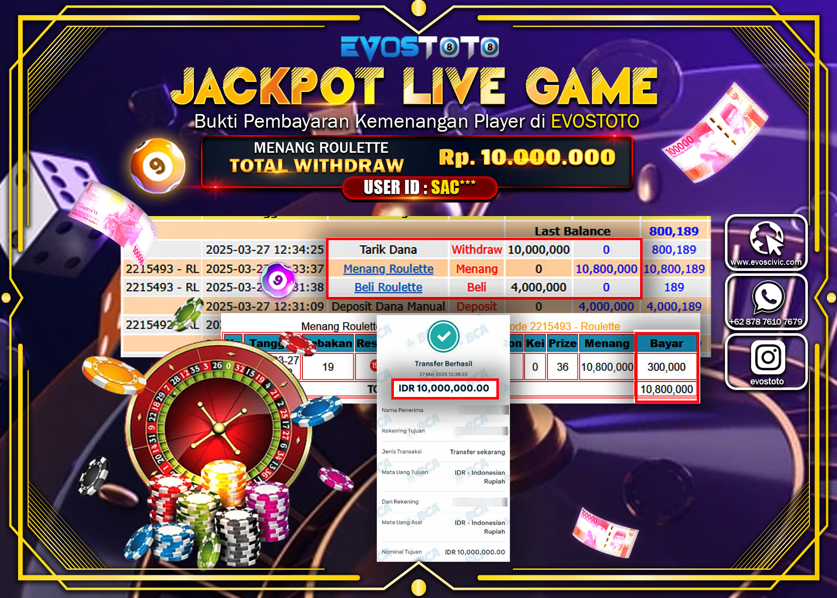 PEMBAYARAN JACKPOT LIVE GAME ROULLETE Rp.10.000.000 DI BAYAR LANGSUNG !